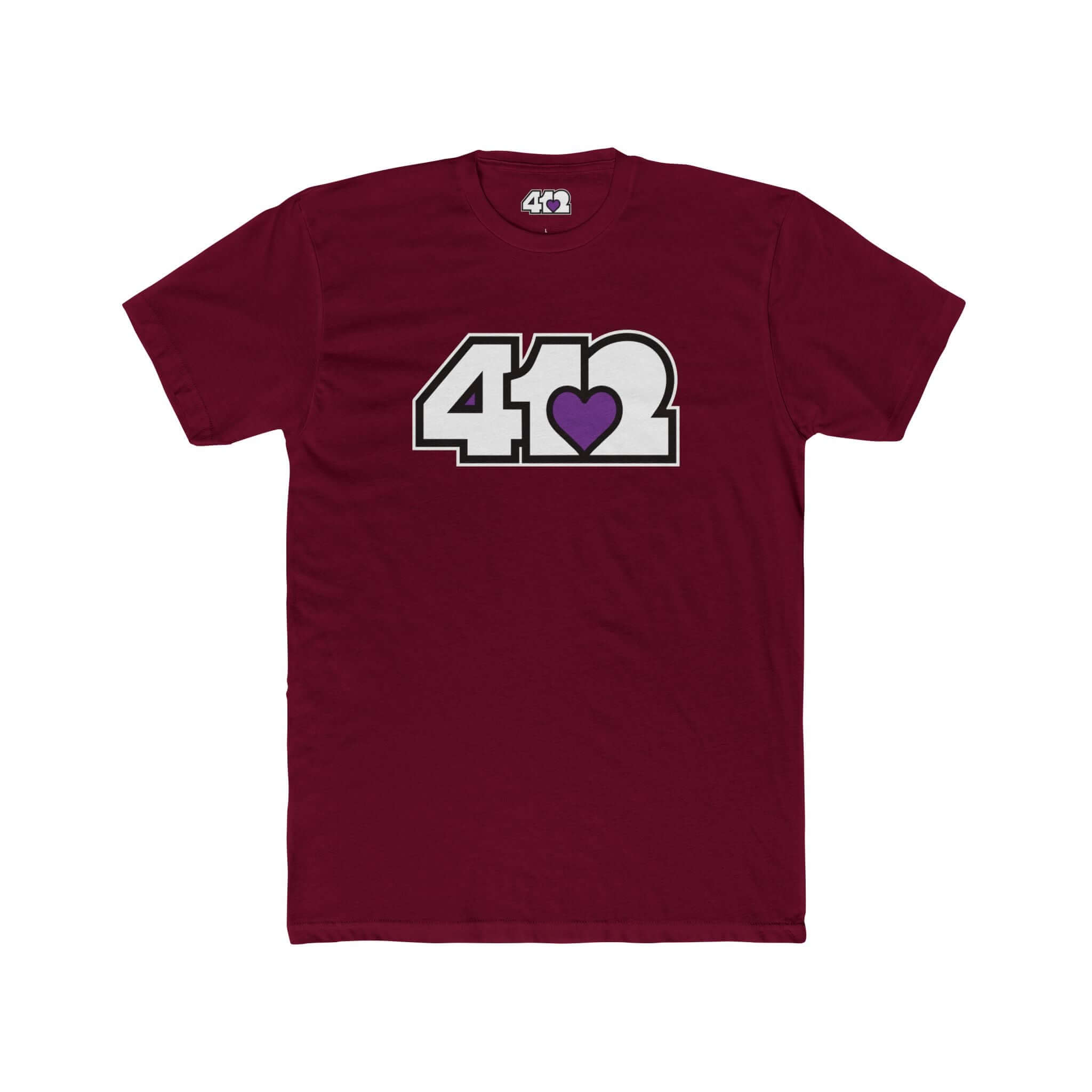 Pittsburgh T-Shirt | White & Purple 412 Logo. Apparel Color: Solid Cardinal Red. Tailored fit T-Shirt with breathable cotton fabric, and classic neckline.