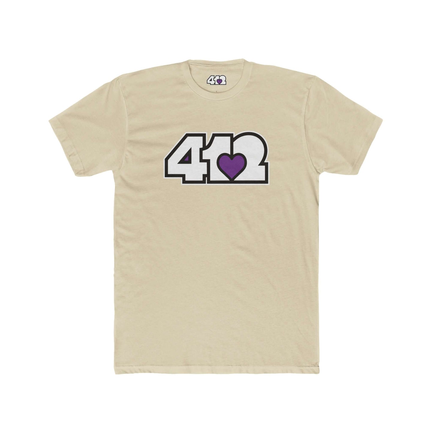 Pittsburgh T-Shirt | White & Purple 412 Logo. Apparel Color: Solid Cream. Tailored fit T-Shirt with breathable cotton fabric, and classic neckline.