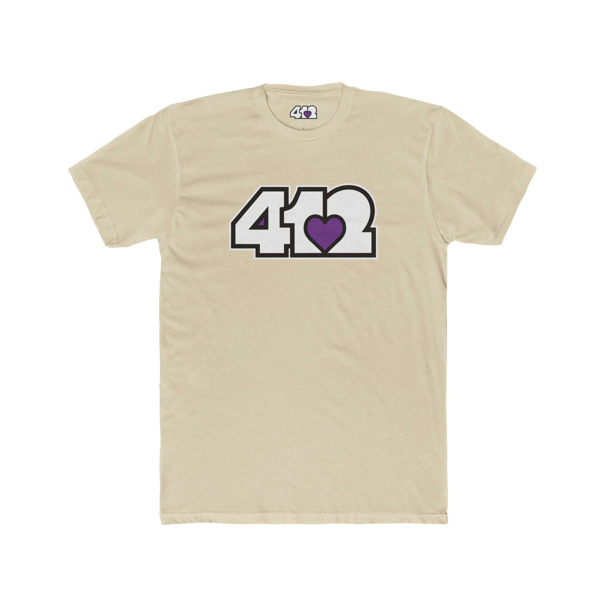 Pittsburgh T-Shirt | White & Purple 412 Logo. Apparel Color: Solid Cream. Tailored fit T-Shirt with breathable cotton fabric, and classic neckline.