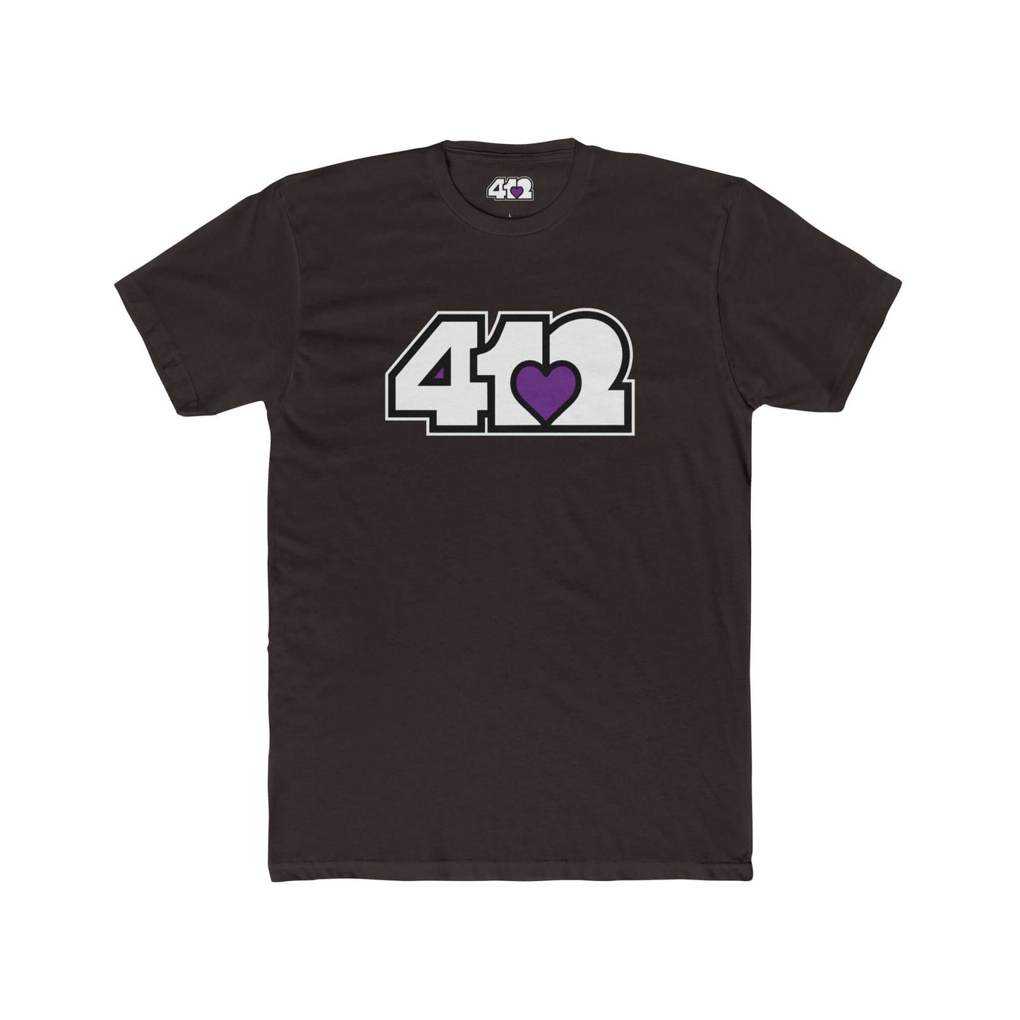Pittsburgh T-Shirt | White & Purple 412 Logo. Apparel Color: Solid Dark Chocolate. Tailored fit T-Shirt with breathable cotton fabric, and classic neckline.