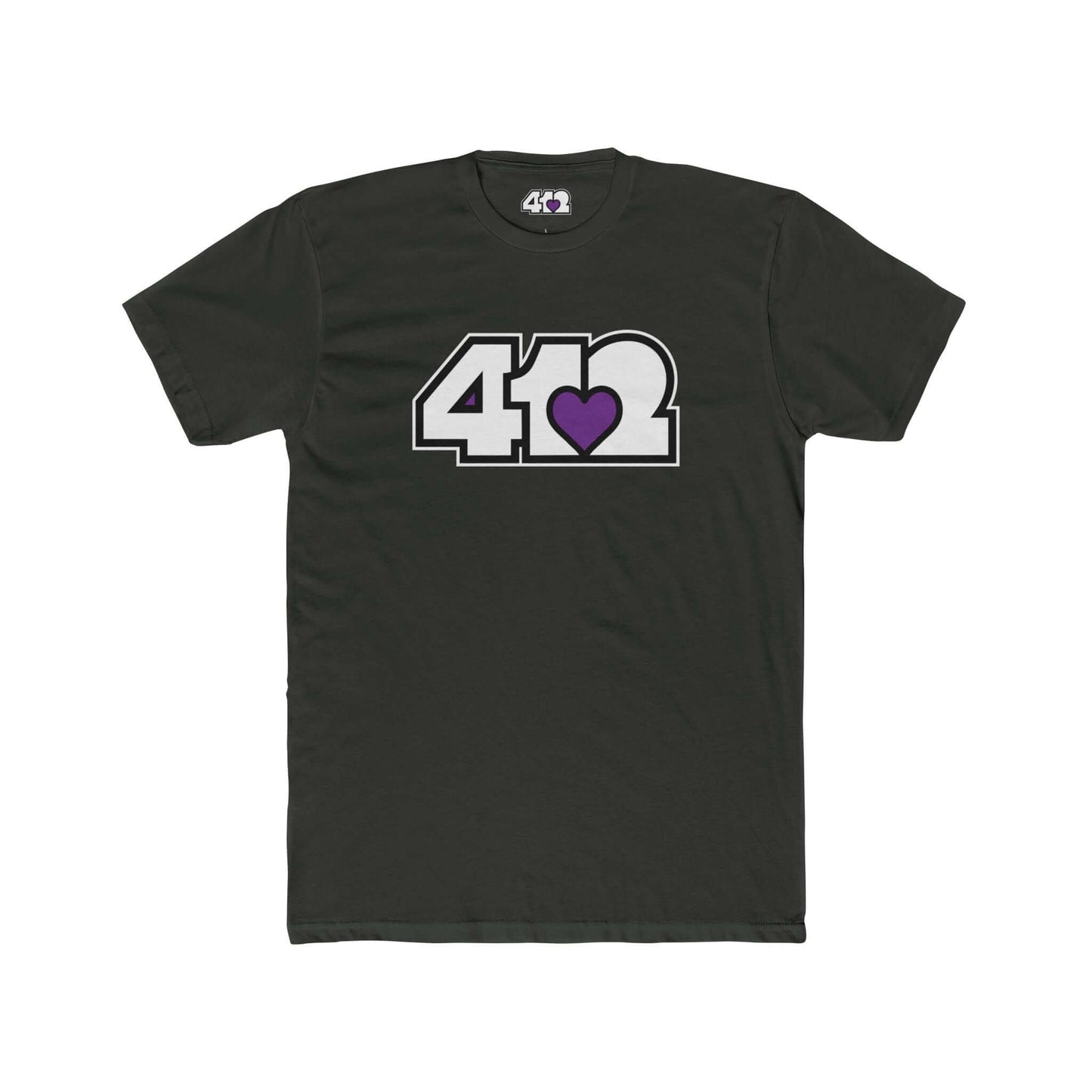Pittsburgh T-Shirt | White & Purple 412 Logo. Apparel Color: Solid Heavy Metal. Tailored fit T-Shirt with breathable cotton fabric, and classic neckline.