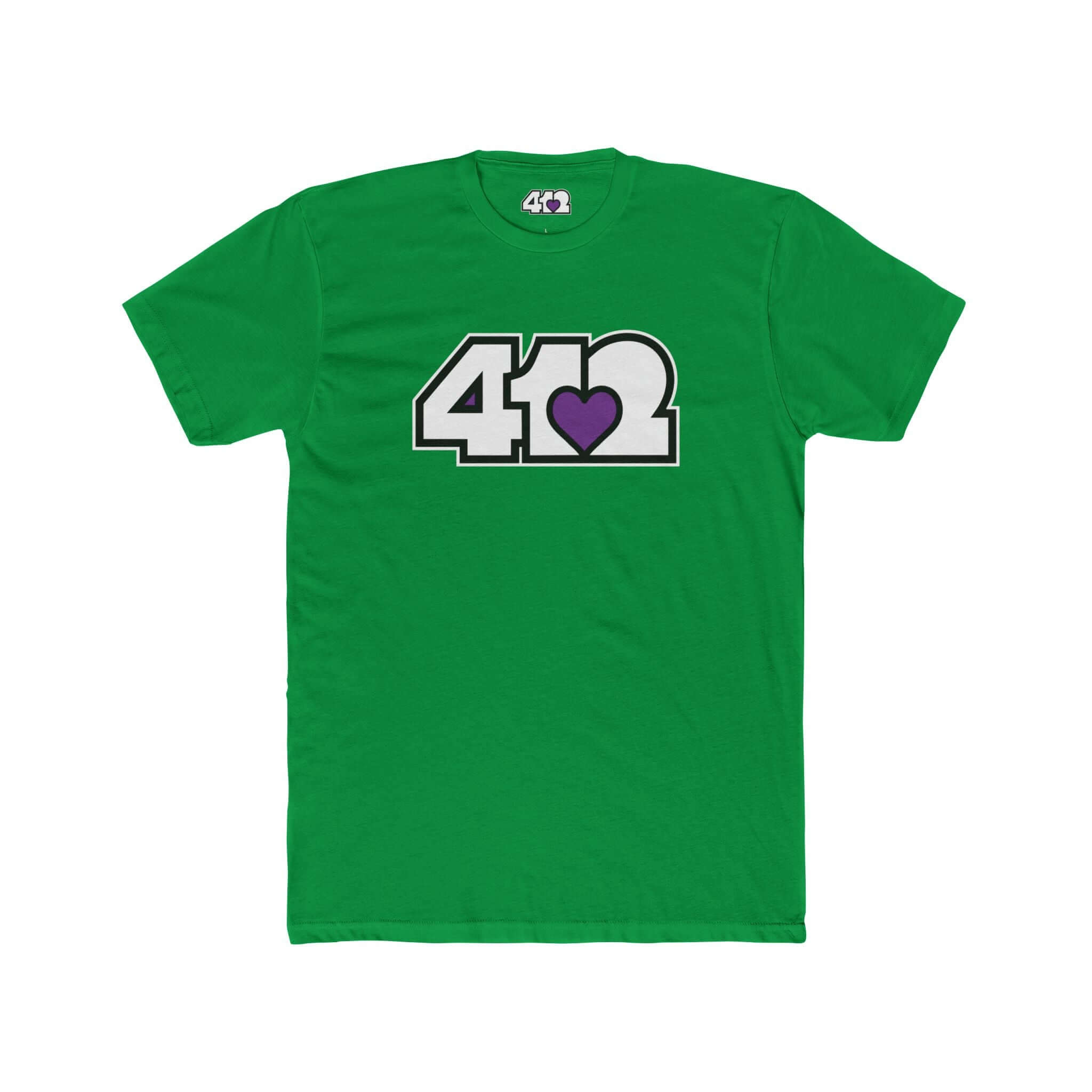 Pittsburgh T-Shirt | White & Purple 412 Logo. Apparel Color: Solid Kelly Green. Tailored fit T-Shirt with breathable cotton fabric, and classic neckline.