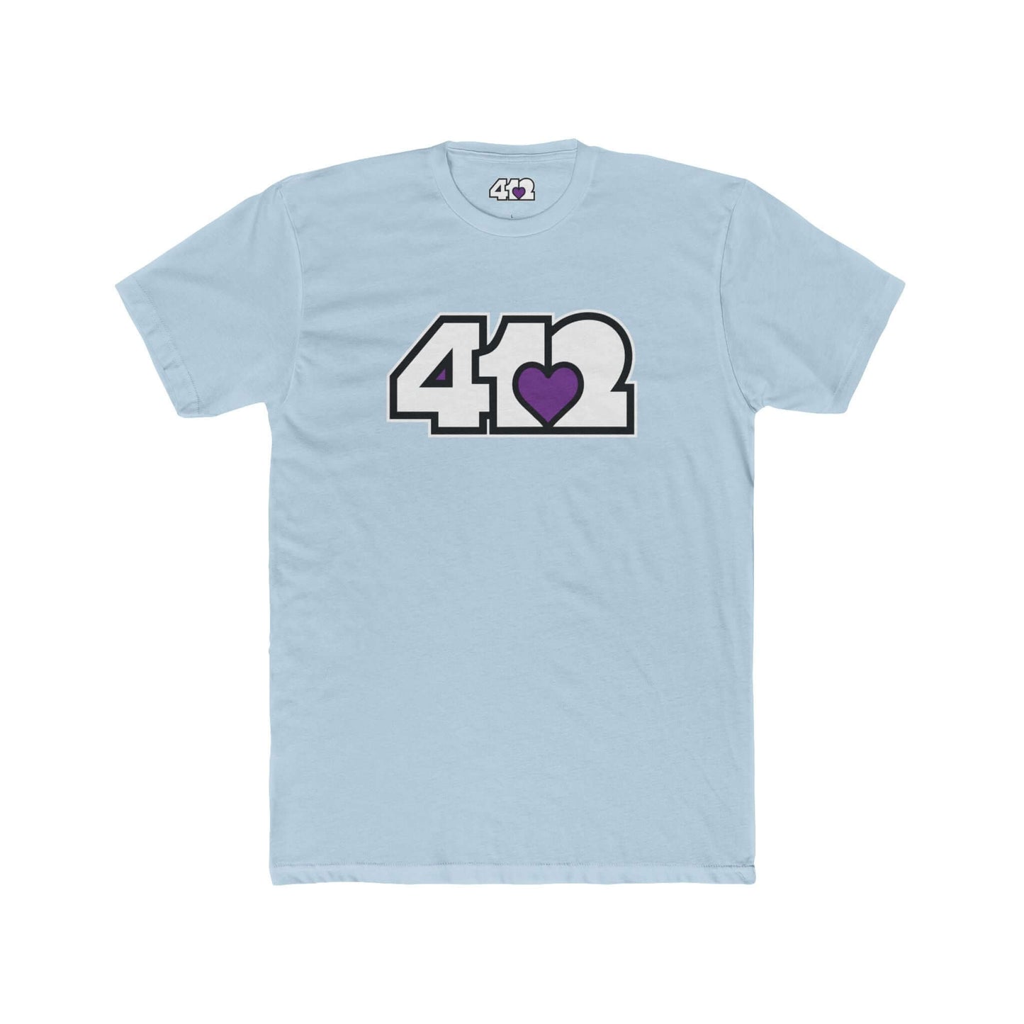 Pittsburgh T-Shirt | White & Purple 412 Logo. Apparel Color: Solid Light Blue. Tailored fit T-Shirt with breathable cotton fabric, and classic neckline.