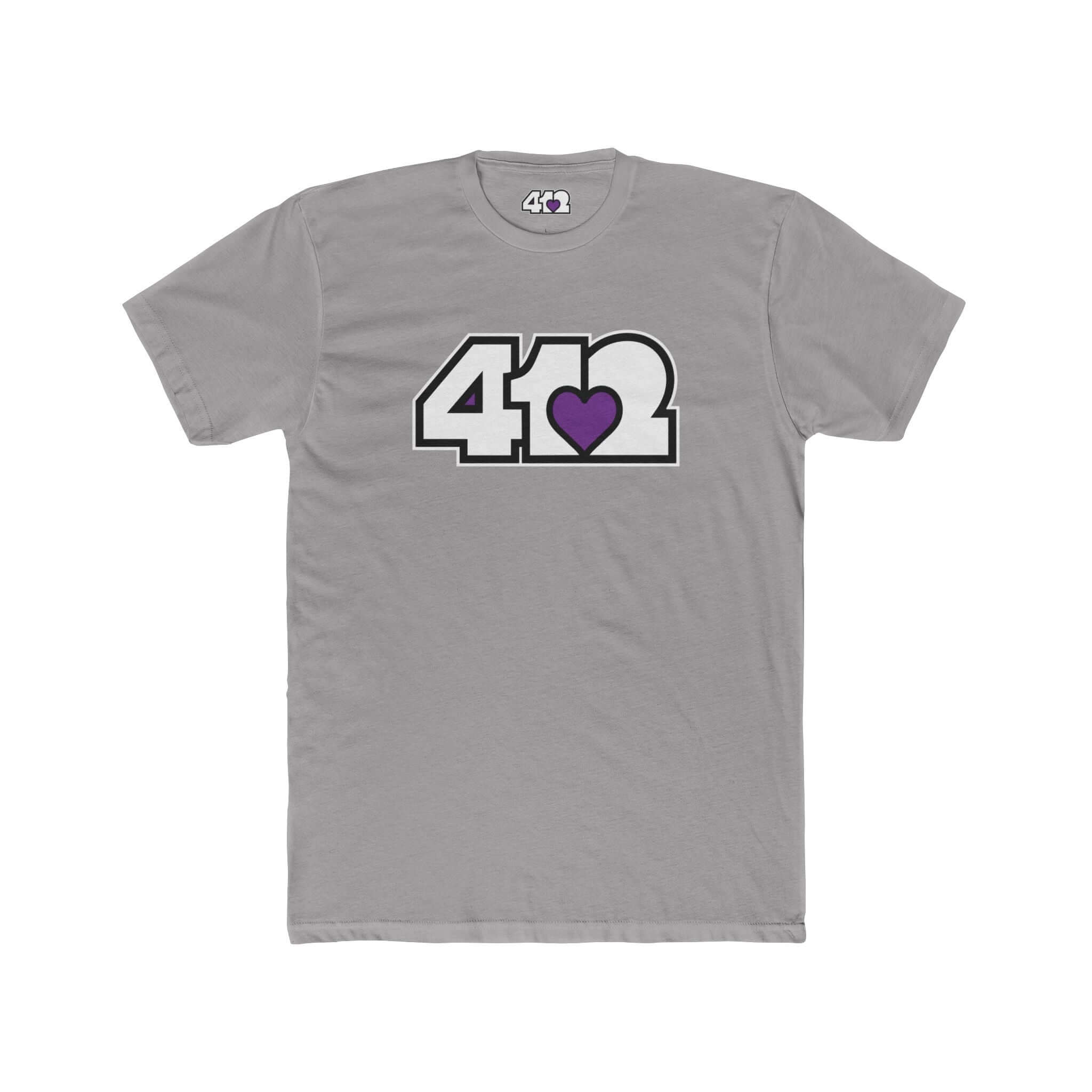 Pittsburgh T-Shirt | White & Purple 412 Logo. Apparel Color: Solid Light Grey. Tailored fit T-Shirt with breathable cotton fabric, and classic neckline.