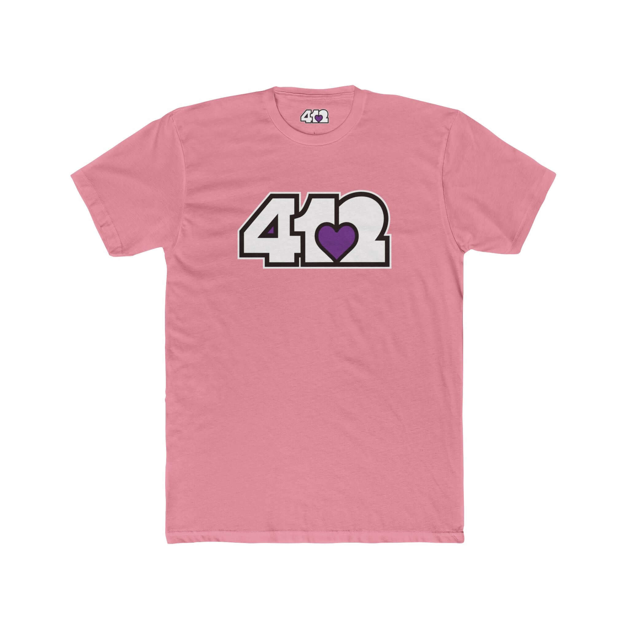 Pittsburgh T-Shirt | White & Purple 412 Logo. Apparel Color: Solid Light Pink. Tailored fit T-Shirt with breathable cotton fabric, and classic neckline.