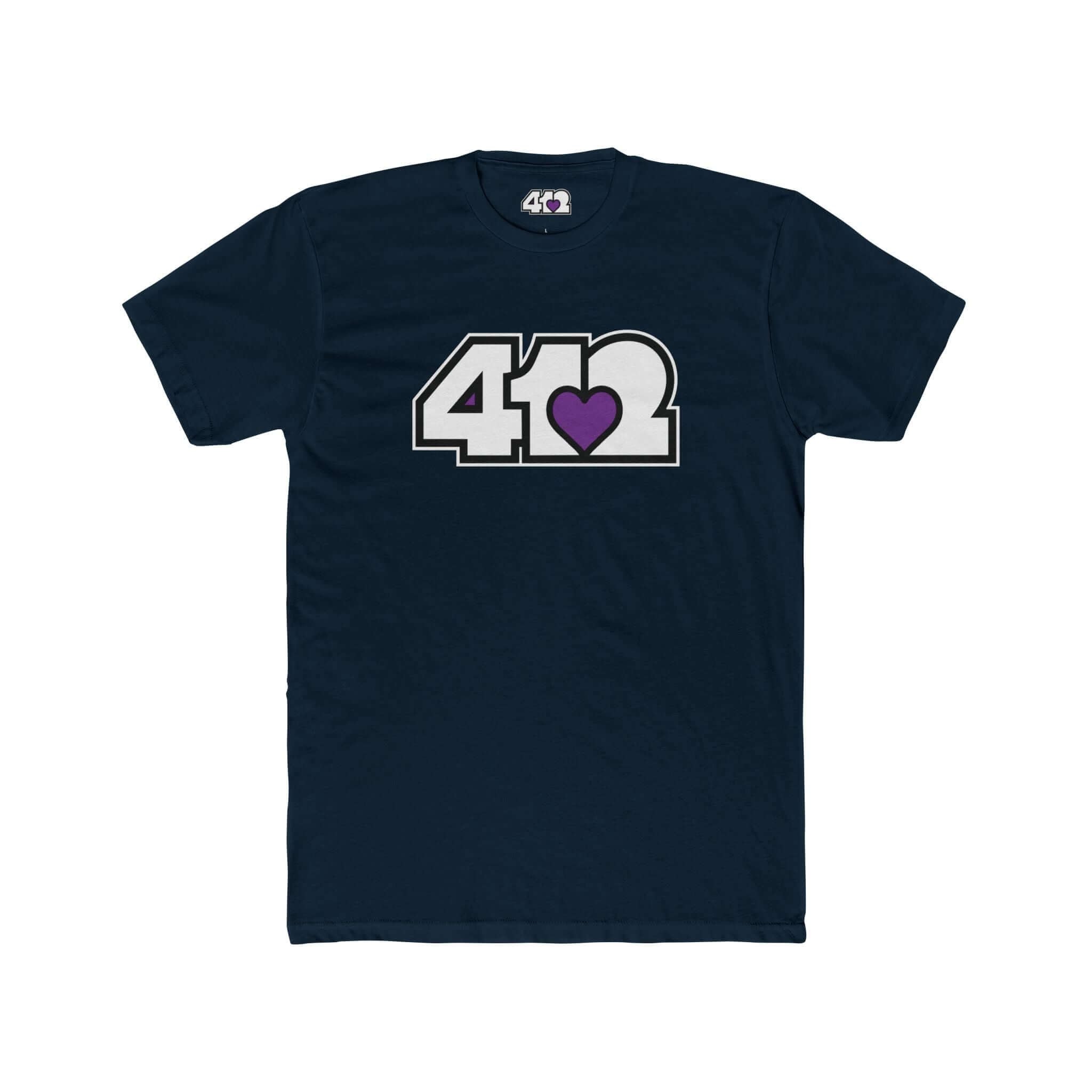 Pittsburgh T-Shirt | White & Purple 412 Logo. Apparel Color: Solid Midnight Navy. Tailored fit T-Shirt with breathable cotton fabric, and classic neckline.
