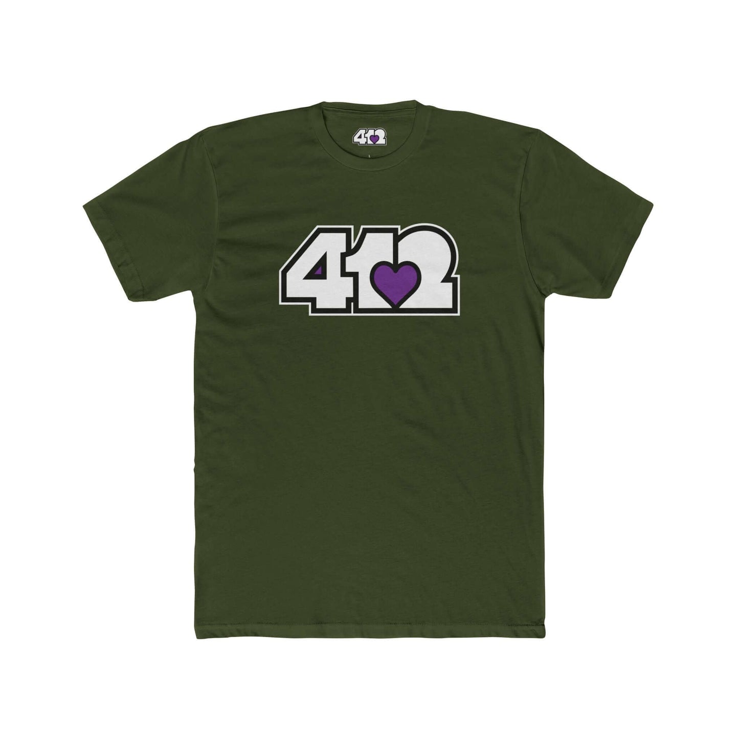 Pittsburgh T-Shirt | White & Purple 412 Logo. Apparel Color: Solid Military Green. Tailored fit T-Shirt with breathable cotton fabric, and classic neckline.