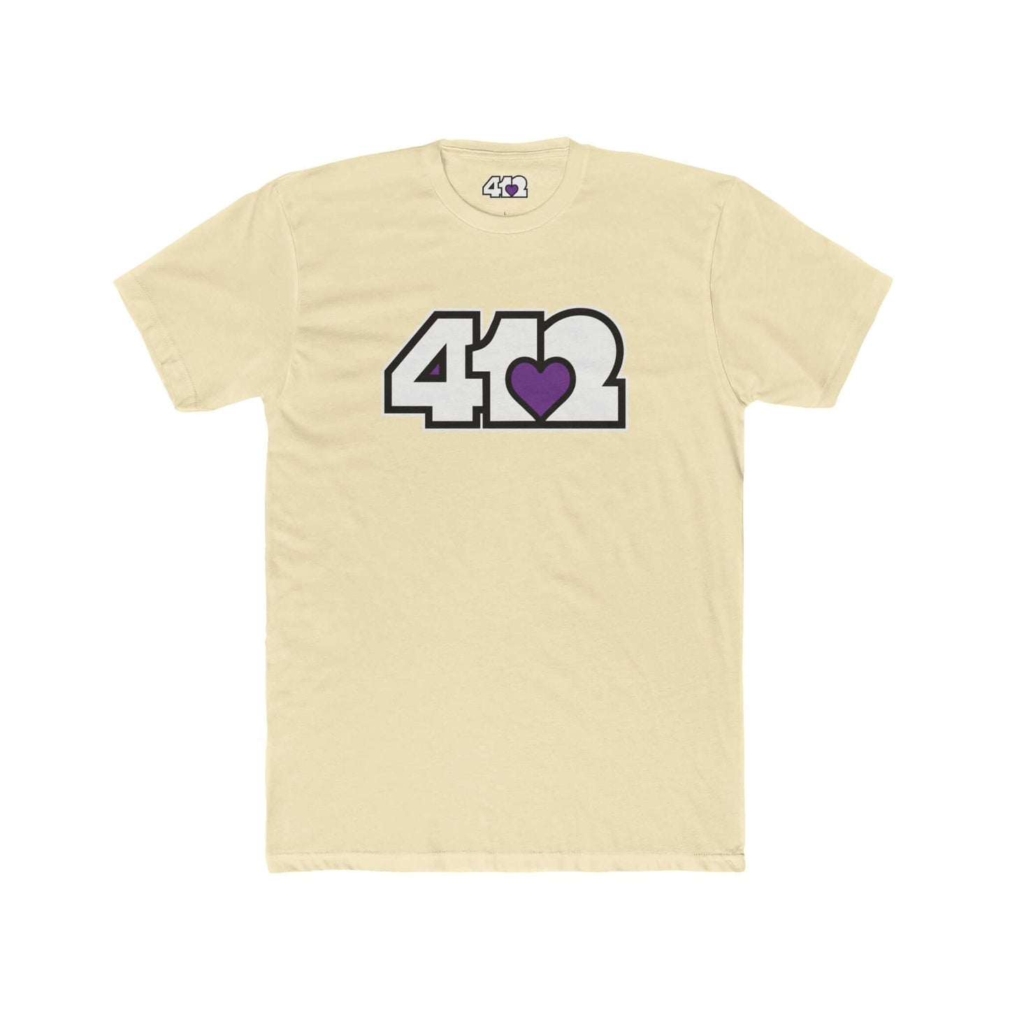 Pittsburgh T-Shirt | White & Purple 412 Logo. Apparel Color: Solid Natural. Tailored fit T-Shirt with breathable cotton fabric, and classic neckline.