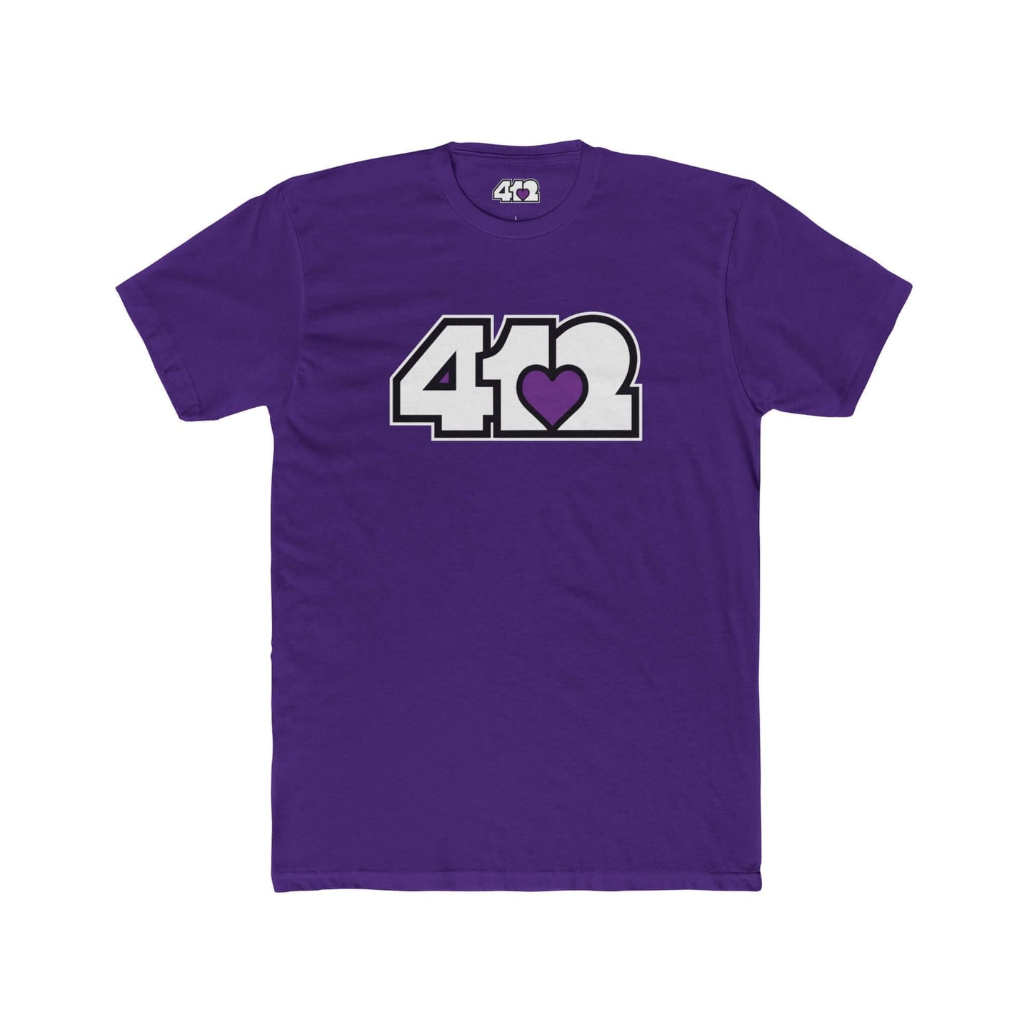 Pittsburgh T-Shirt | White & Purple 412 Logo. Apparel Color: Solid Purple Rush. Tailored fit T-Shirt with breathable cotton fabric, and classic neckline.