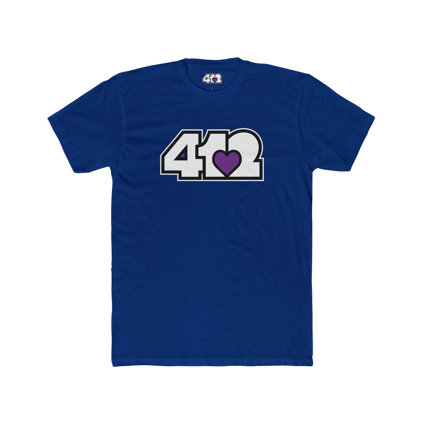 Pittsburgh T-Shirt | White & Purple 412 Logo. Apparel Color: Solid Royal. Tailored fit T-Shirt with breathable cotton fabric, and classic neckline.