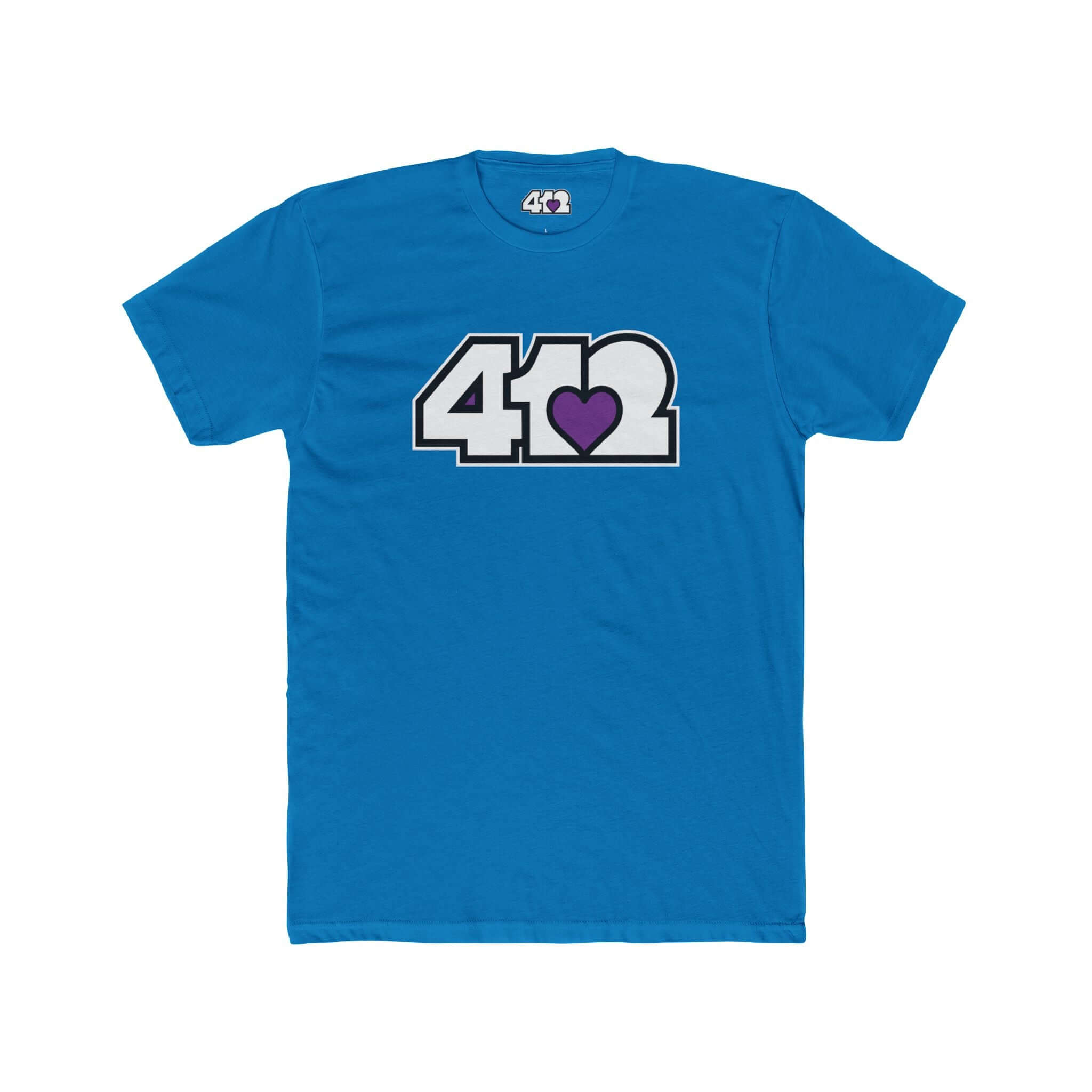 Pittsburgh T-Shirt | White & Purple 412 Logo. Apparel Color: Solid Turquoise. Tailored fit T-Shirt with breathable cotton fabric, and classic neckline.