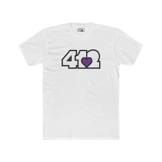 Pittsburgh T-Shirt | White & Purple 412 Logo. Apparel Color: Solid White. Tailored fit T-Shirt with breathable cotton fabric, and classic neckline.