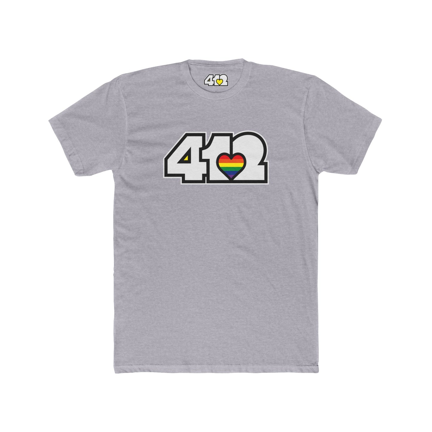 Pittsburgh T-Shirt | White & Rainbow 412 Logo. Apparel Color: Heather Grey. Tailored fit T-Shirt with breathable cotton fabric, and classic neckline.