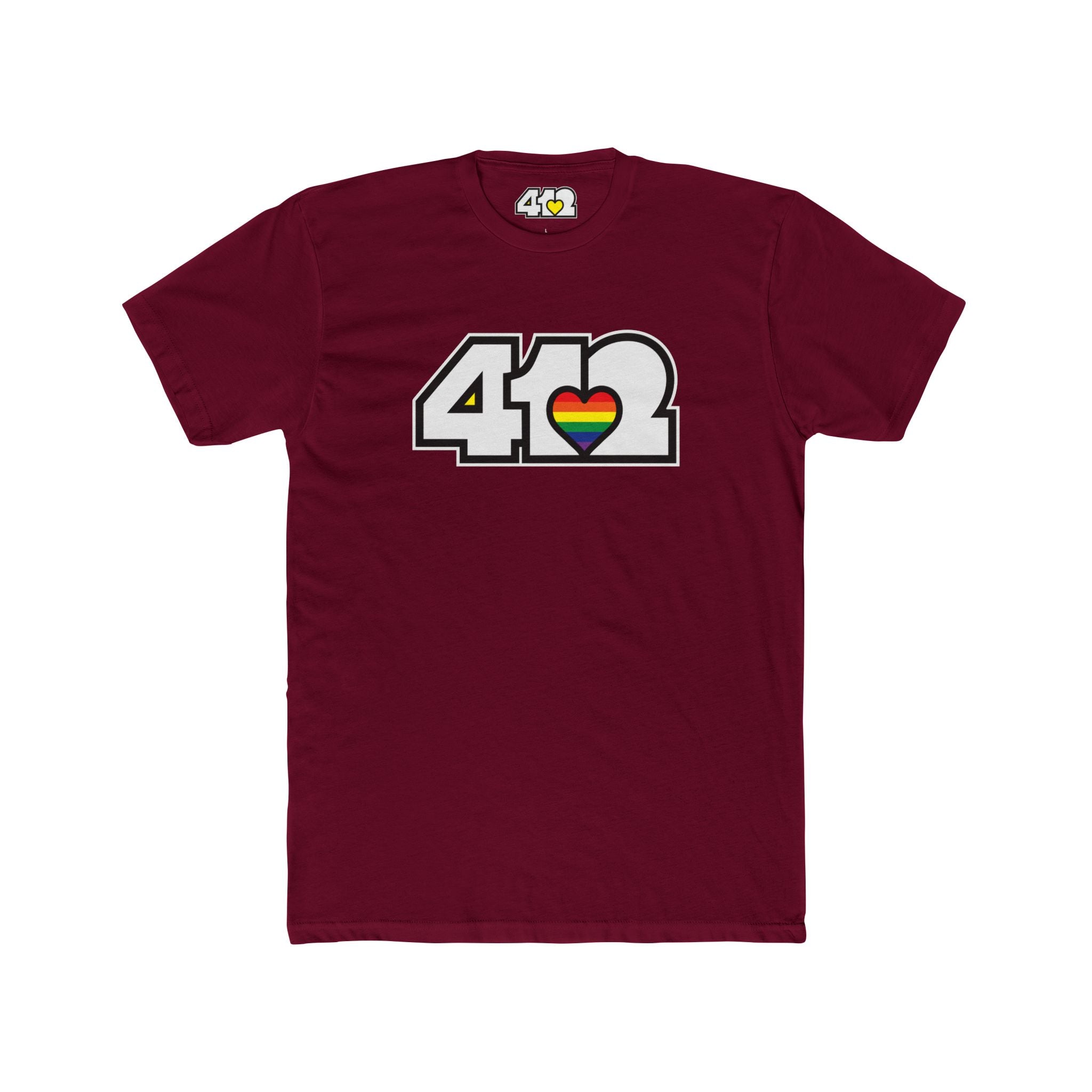 Pittsburgh T-Shirt | White & Rainbow 412 Logo. Apparel Color: Solid Cardinal Red. Tailored fit T-Shirt with breathable cotton fabric, and classic neckline.