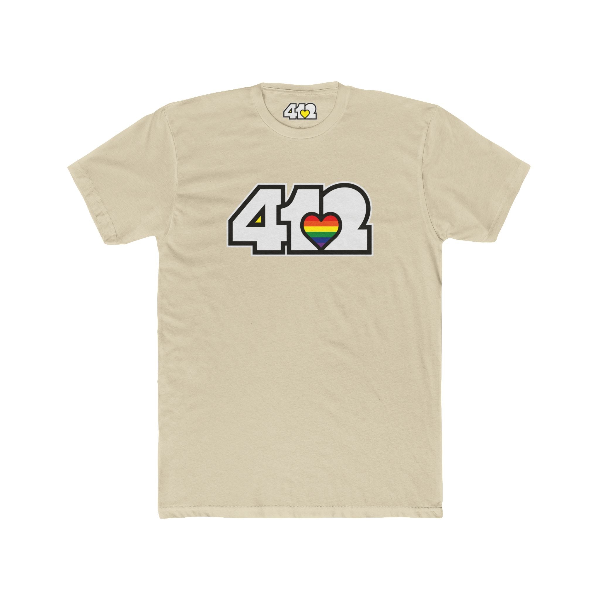 Pittsburgh T-Shirt | White & Rainbow 412 Logo. Apparel Color: Solid Cream. Tailored fit T-Shirt with breathable cotton fabric, and classic neckline.