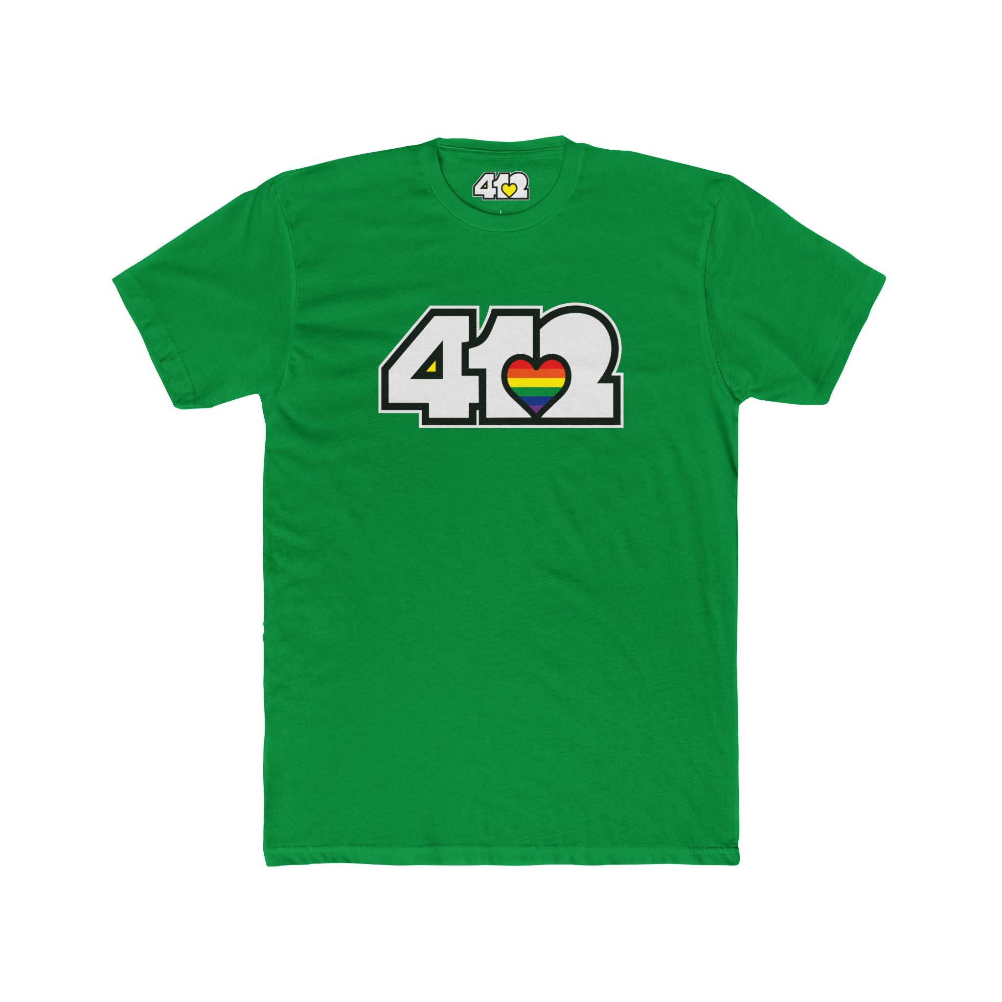 Pittsburgh T-Shirt | White & Rainbow 412 Logo. Apparel Color: Solid Kelly Green. Tailored fit T-Shirt with breathable cotton fabric, and classic neckline.