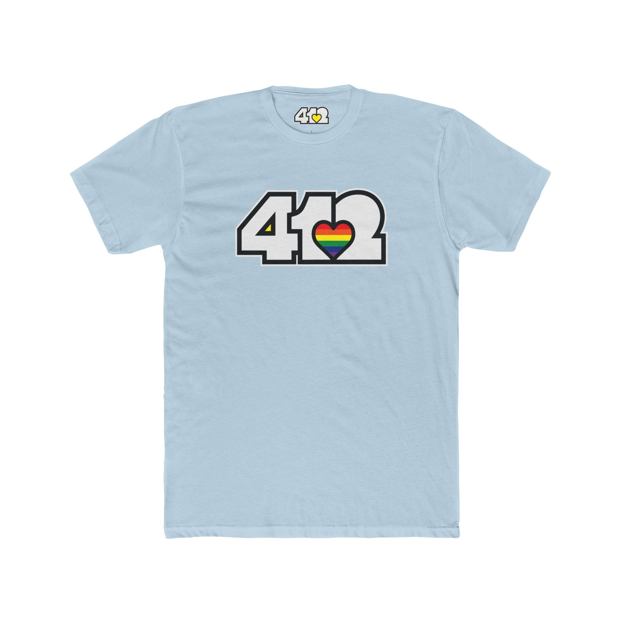 Pittsburgh T-Shirt | White & Rainbow 412 Logo. Apparel Color: Solid Light Blue. Tailored fit T-Shirt with breathable cotton fabric, and classic neckline.