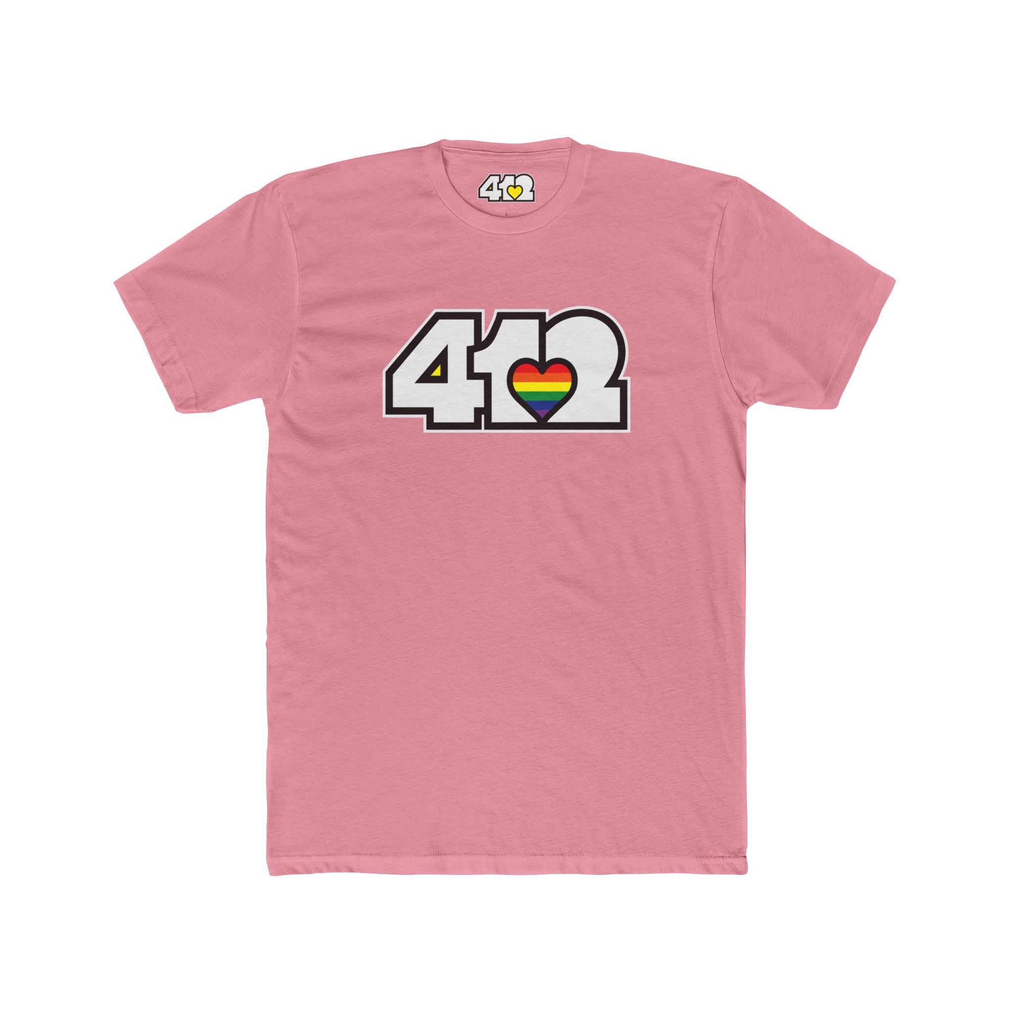 Pittsburgh T-Shirt | White & Rainbow 412 Logo. Apparel Color: Solid Light Pink. Tailored fit T-Shirt with breathable cotton fabric, and classic neckline.