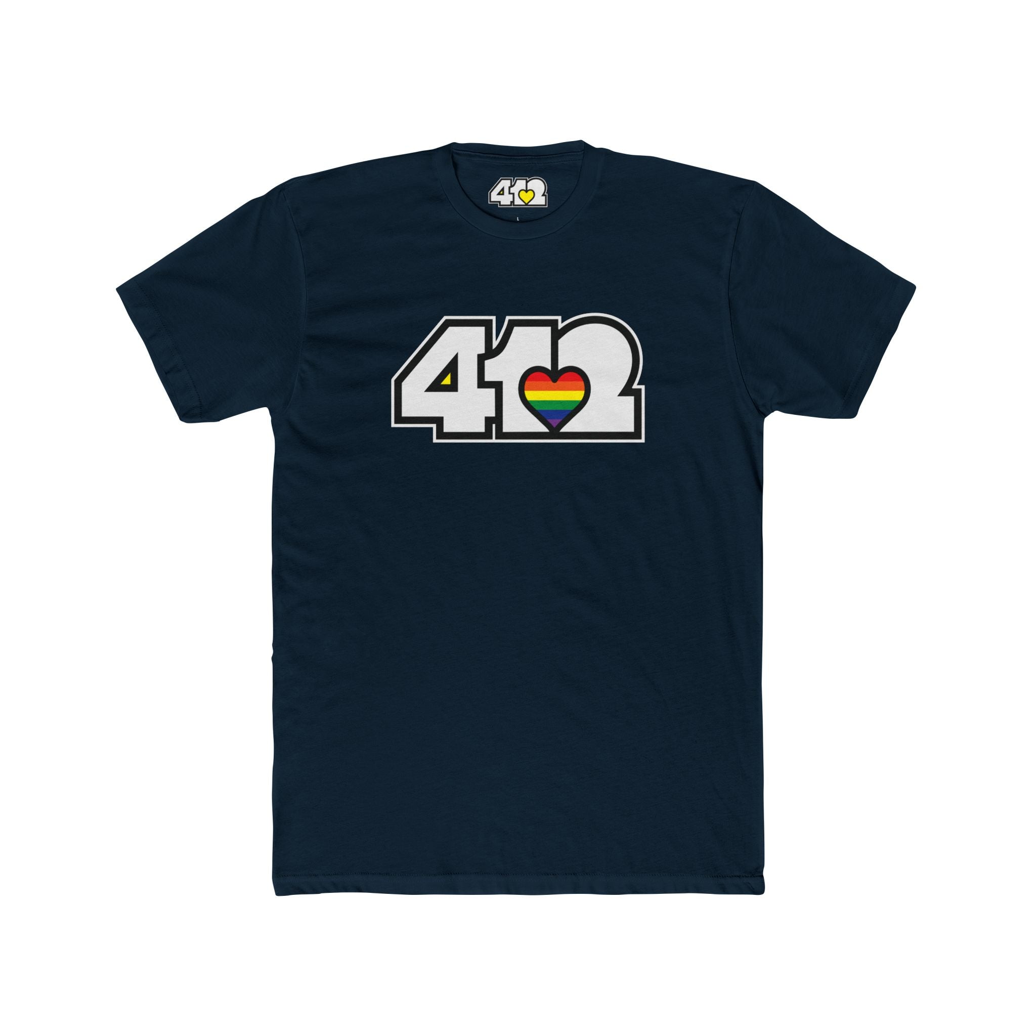 Pittsburgh T-Shirt | White & Rainbow 412 Logo. Apparel Color: Solid Midnight Navy. Tailored fit T-Shirt with breathable cotton fabric, and classic neckline.