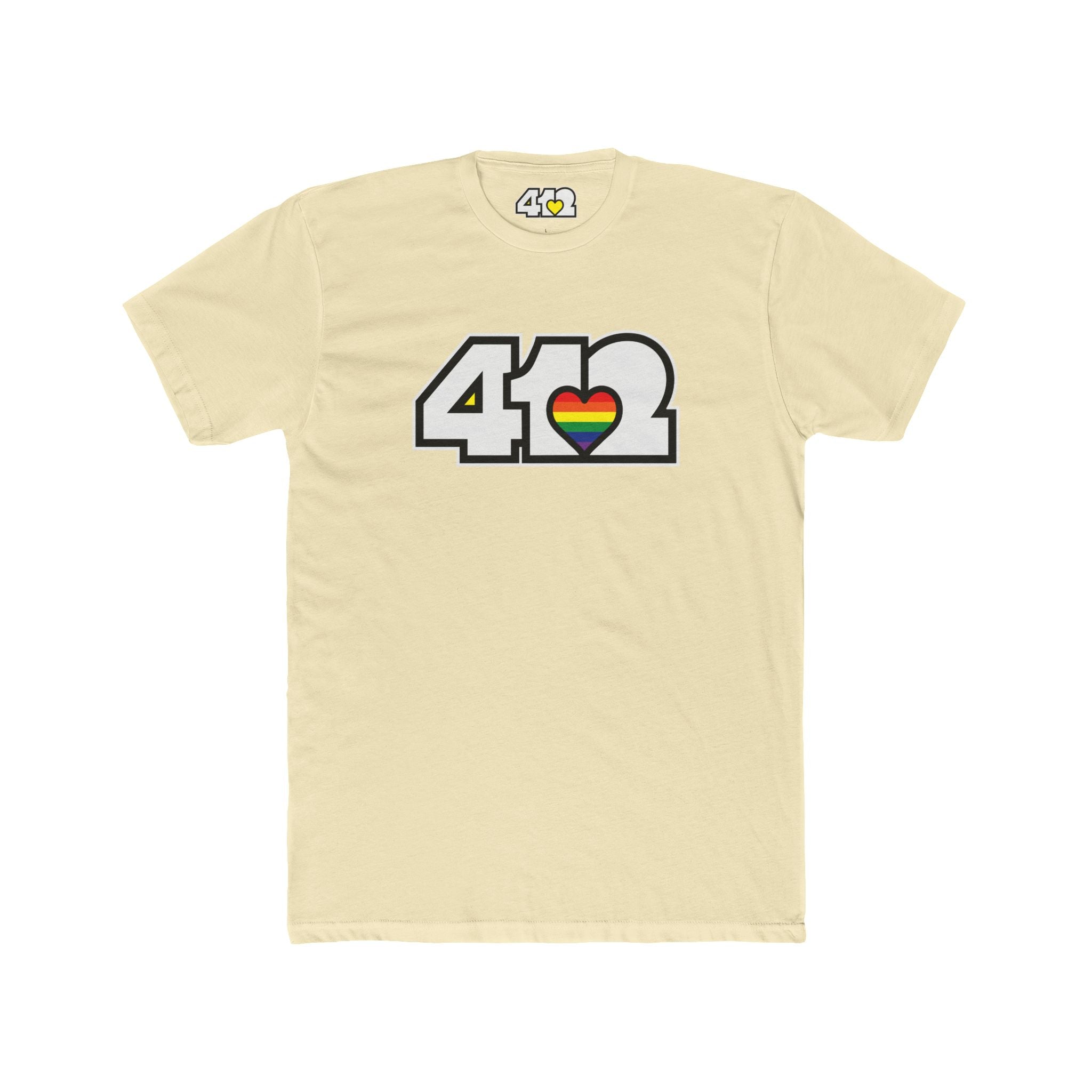 Pittsburgh T-Shirt | White & Rainbow 412 Logo. Apparel Color: Solid Natural. Tailored fit T-Shirt with breathable cotton fabric, and classic neckline.