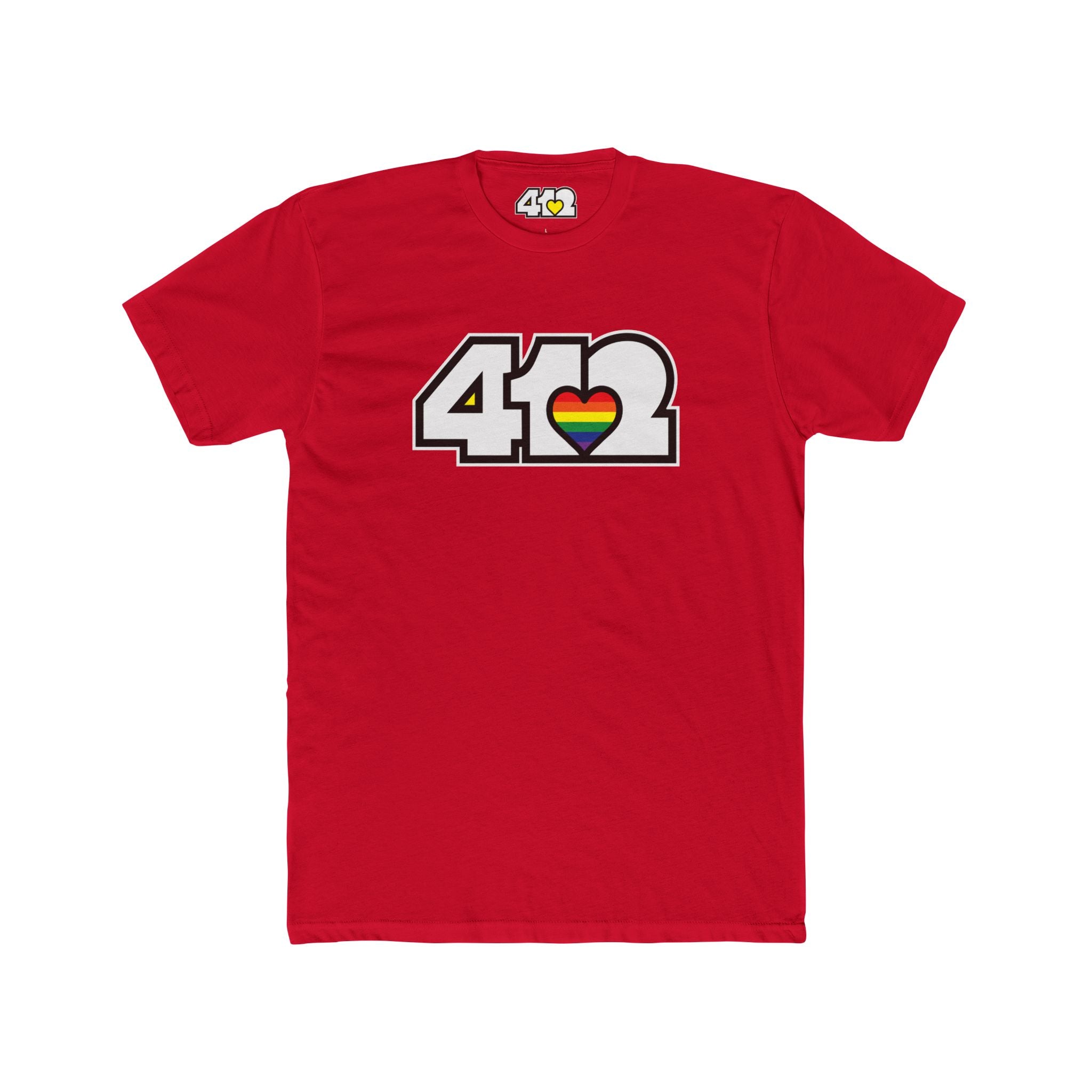 Pittsburgh T-Shirt | White & Rainbow 412 Logo. Apparel Color: Solid Red. Tailored fit T-Shirt with breathable cotton fabric, and classic neckline.