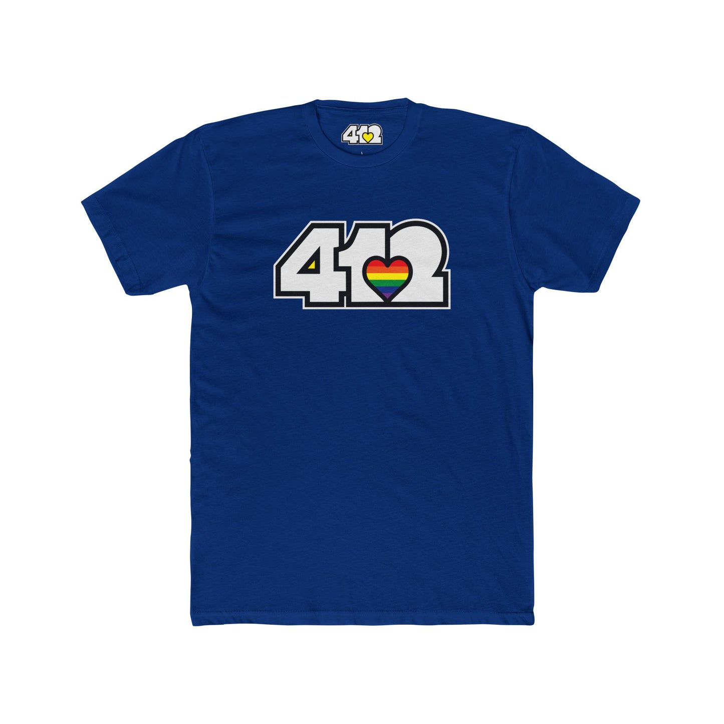 Pittsburgh T-Shirt | White & Rainbow 412 Logo. Apparel Color: Solid Royal. Tailored fit T-Shirt with breathable cotton fabric, and classic neckline.