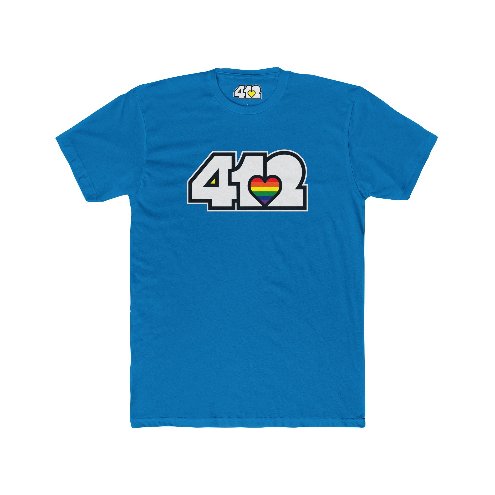Pittsburgh T-Shirt | White & Rainbow 412 Logo. Apparel Color: Solid Turquoise. Tailored fit T-Shirt with breathable cotton fabric, and classic neckline.