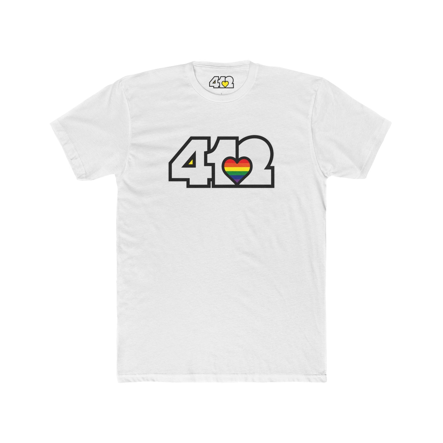 Pittsburgh T-Shirt | White & Rainbow 412 Logo. Apparel Color: Solid White. Tailored fit T-Shirt with breathable cotton fabric, and classic neckline.