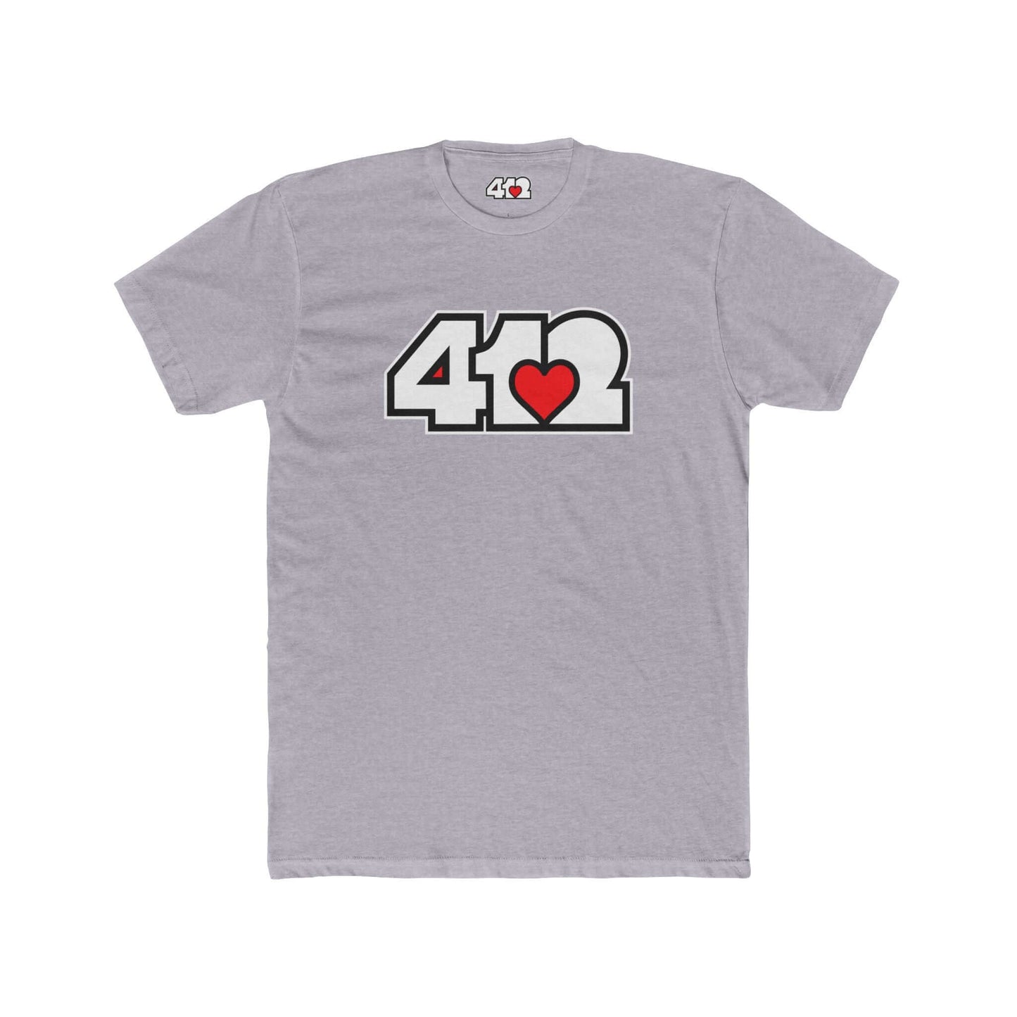 Pittsburgh T-Shirt | White & Red 412 Logo. Apparel Color: Heather Grey. Tailored fit T-Shirt with breathable cotton fabric, and classic neckline.