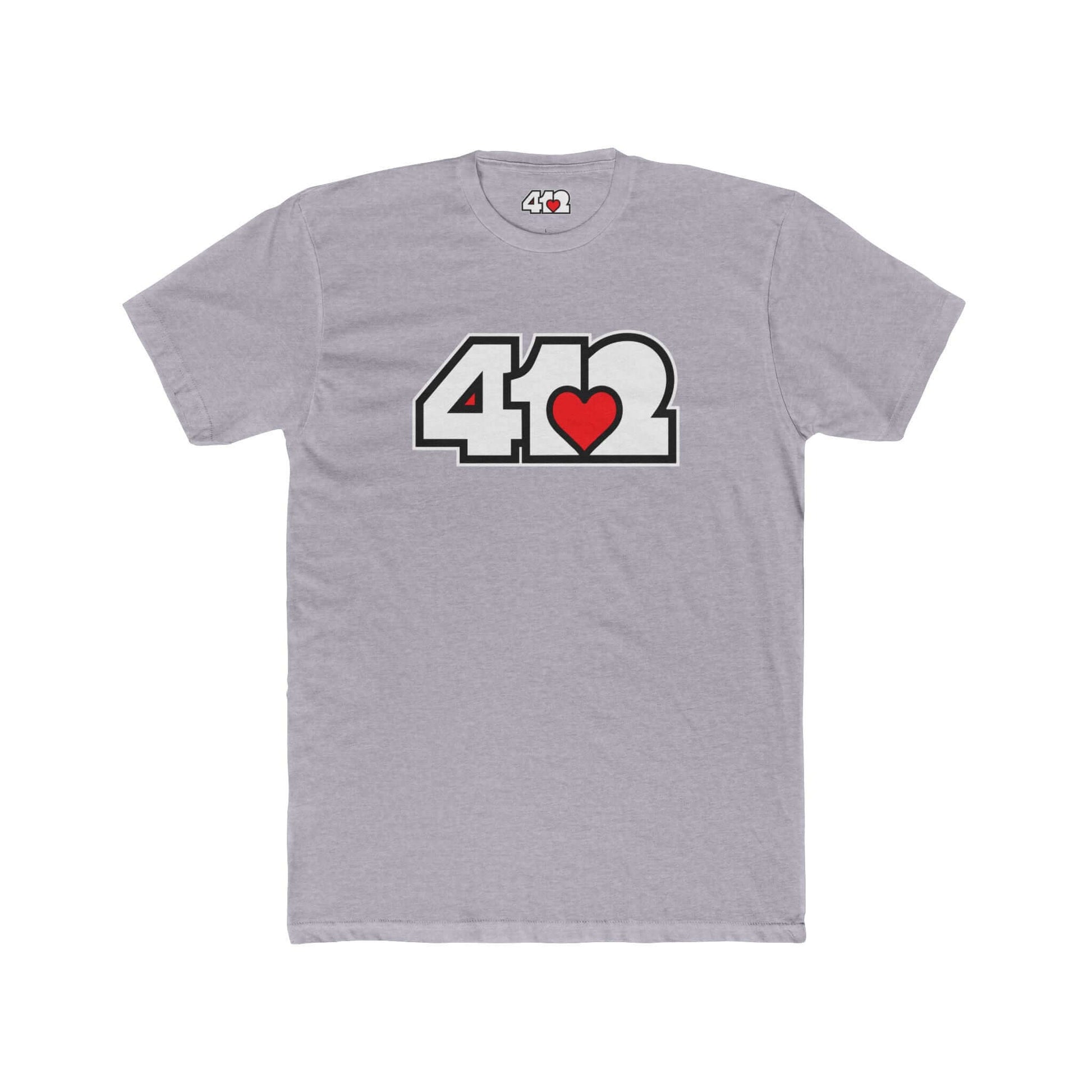 Pittsburgh T-Shirt | White & Red 412 Logo. Apparel Color: Heather Grey. Tailored fit T-Shirt with breathable cotton fabric, and classic neckline.