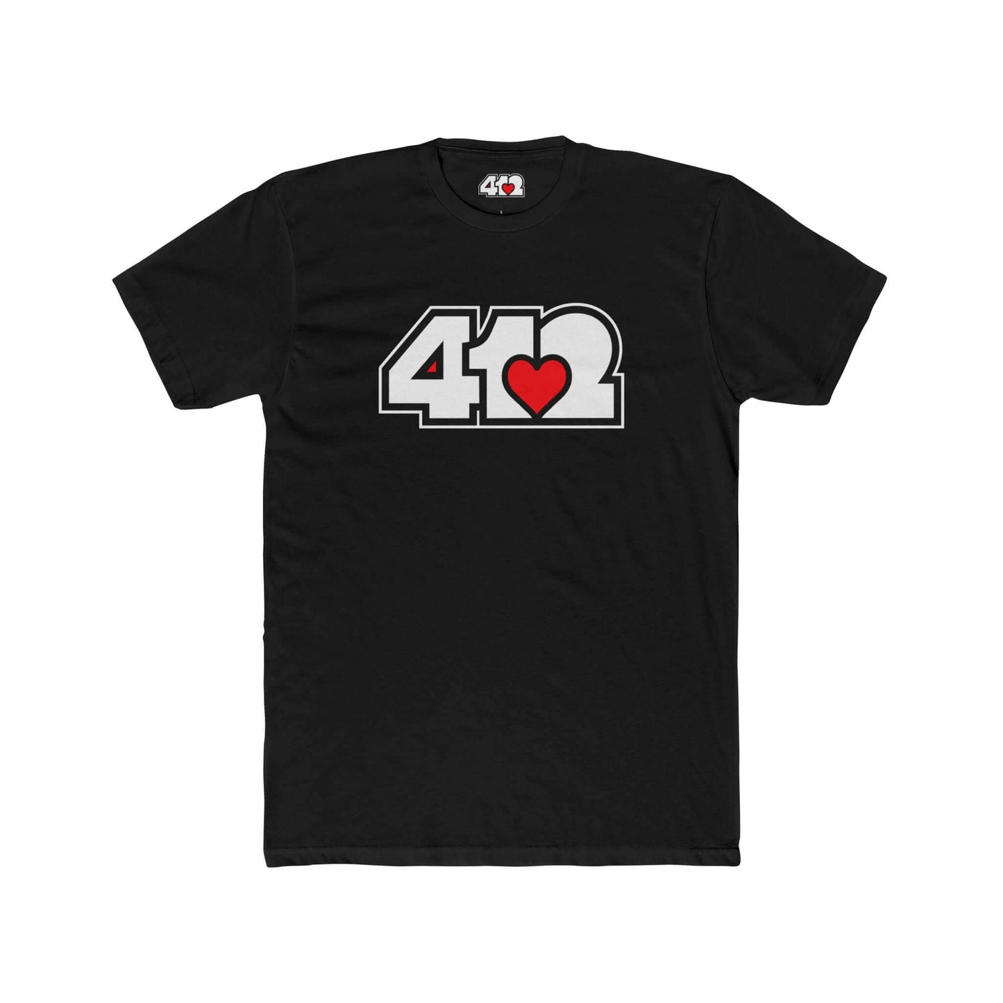 Pittsburgh T-Shirt | White & Red 412 Logo. Apparel Color: Solid Black. Tailored fit T-Shirt with breathable cotton fabric, and classic neckline.