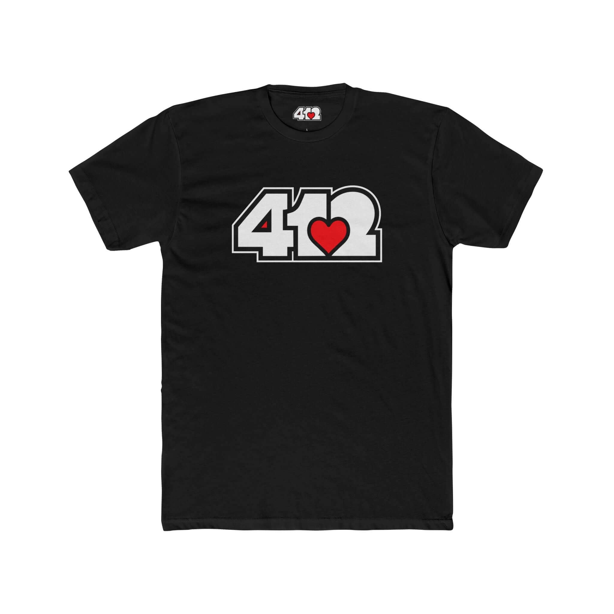 Pittsburgh T-Shirt | White & Red 412 Logo. Apparel Color: Solid Black. Tailored fit T-Shirt with breathable cotton fabric, and classic neckline.
