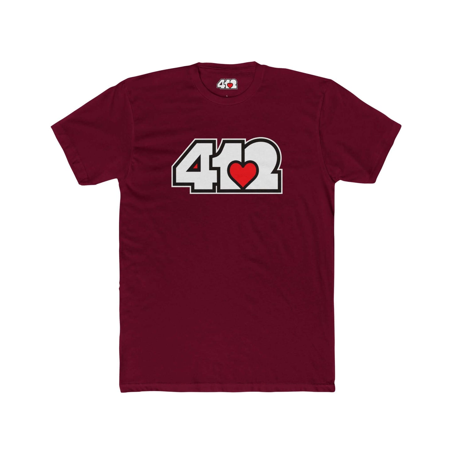 Pittsburgh T-Shirt | White & Red 412 Logo. Apparel Color: Solid Cardinal Red. Tailored fit T-Shirt with breathable cotton fabric, and classic neckline.