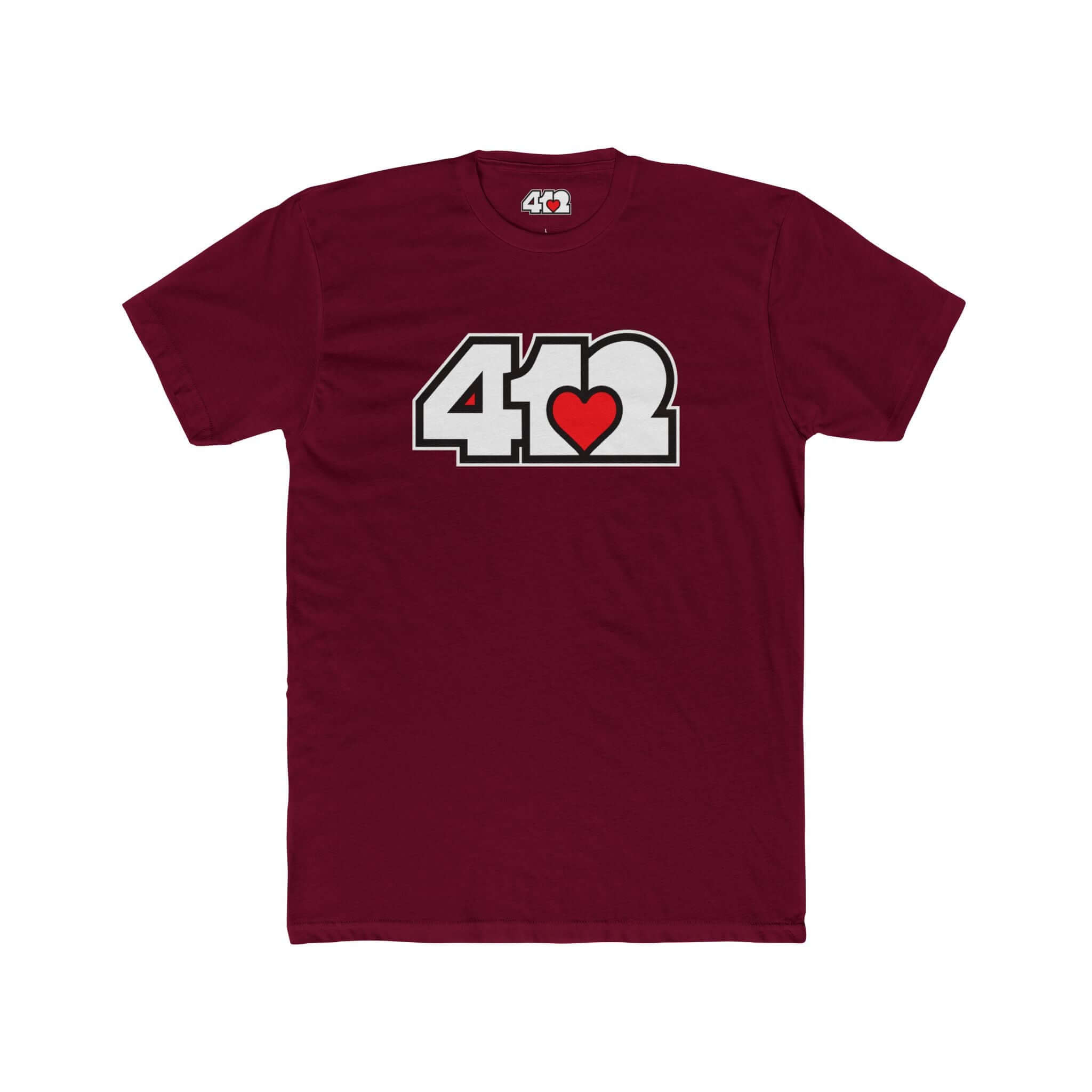 Pittsburgh T-Shirt | White & Red 412 Logo. Apparel Color: Solid Cardinal Red. Tailored fit T-Shirt with breathable cotton fabric, and classic neckline.