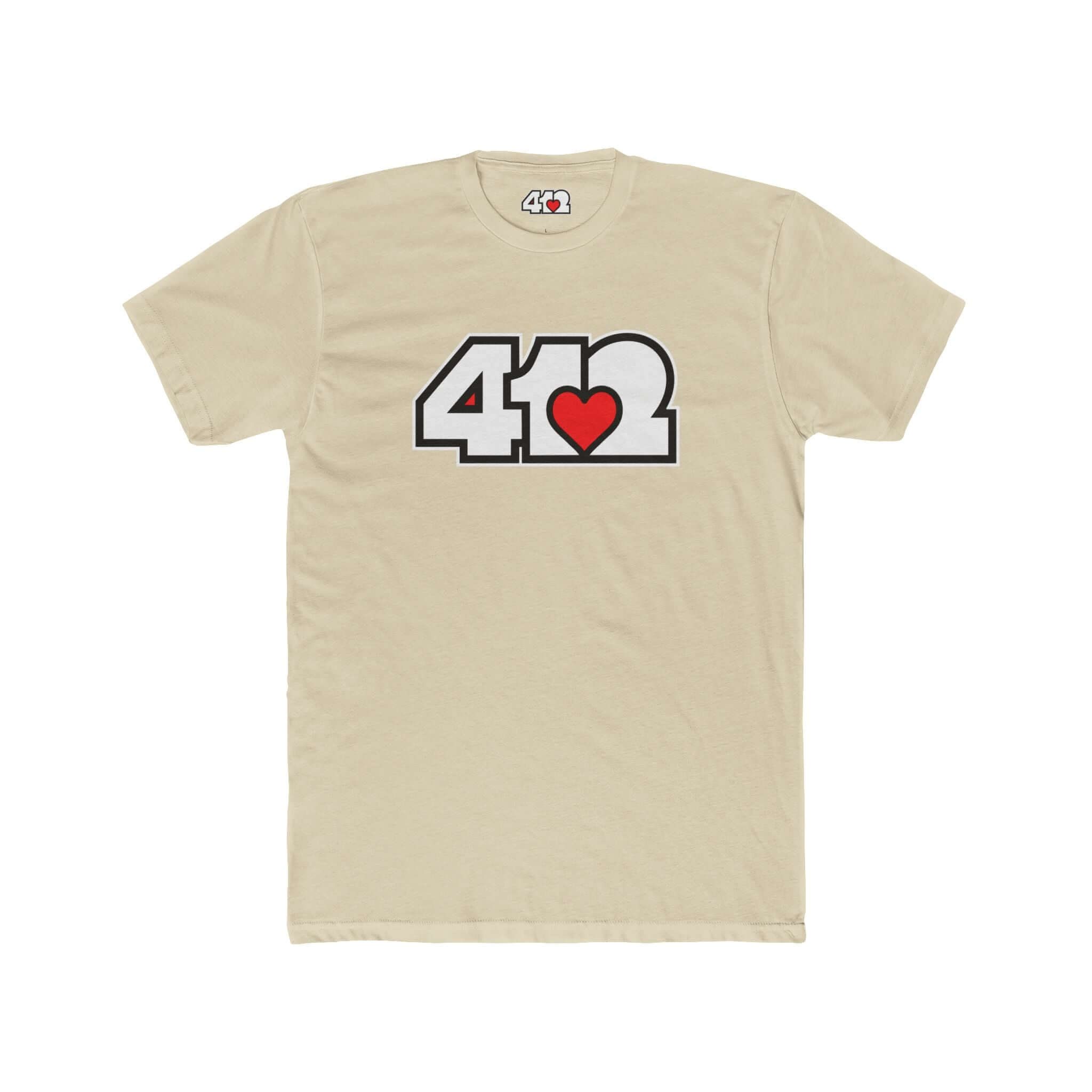 Pittsburgh T-Shirt | White & Red 412 Logo. Apparel Color: Solid Cream. Tailored fit T-Shirt with breathable cotton fabric, and classic neckline.