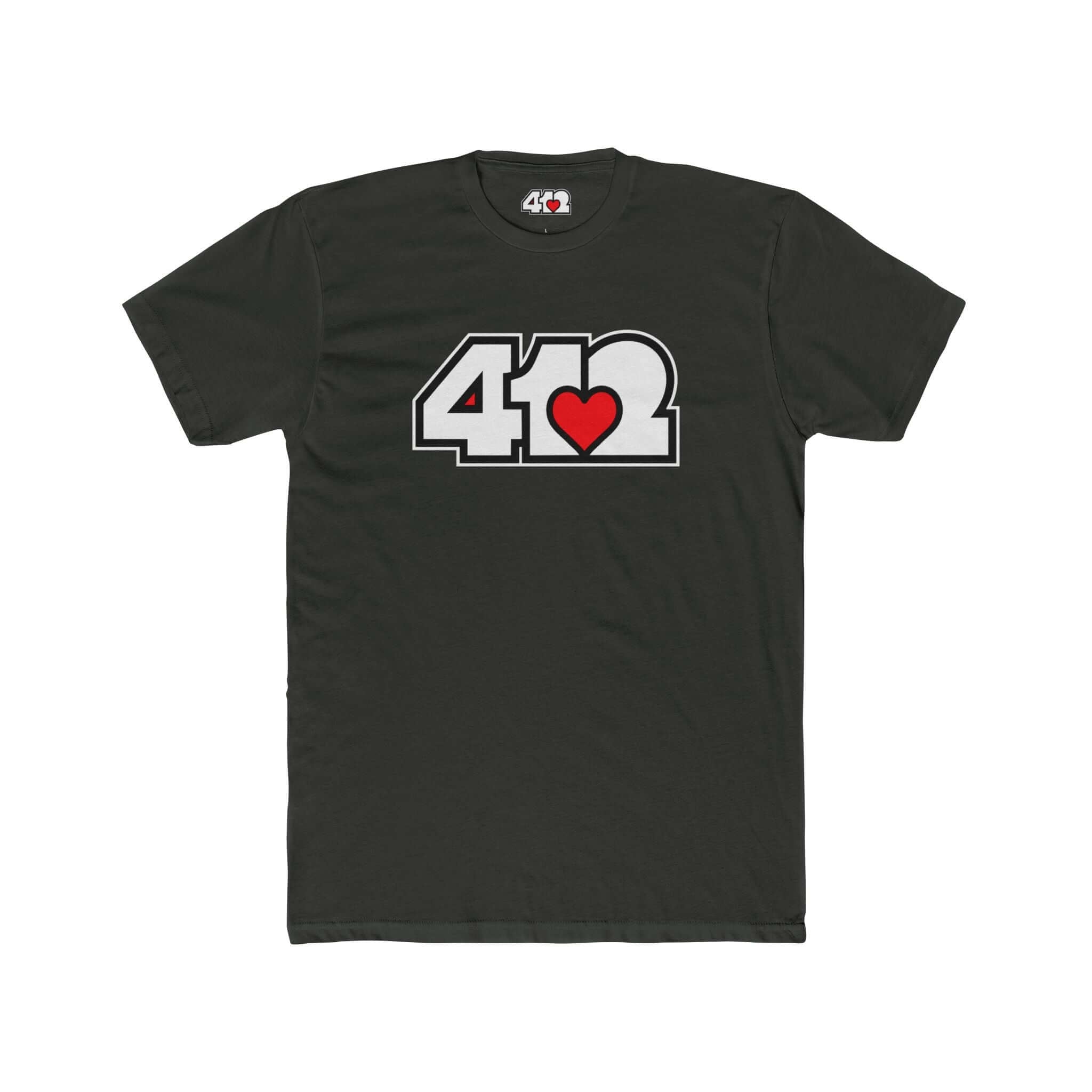 Pittsburgh T-Shirt | White & Red 412 Logo. Apparel Color: Solid Heavy Metal. Tailored fit T-Shirt with breathable cotton fabric, and classic neckline.