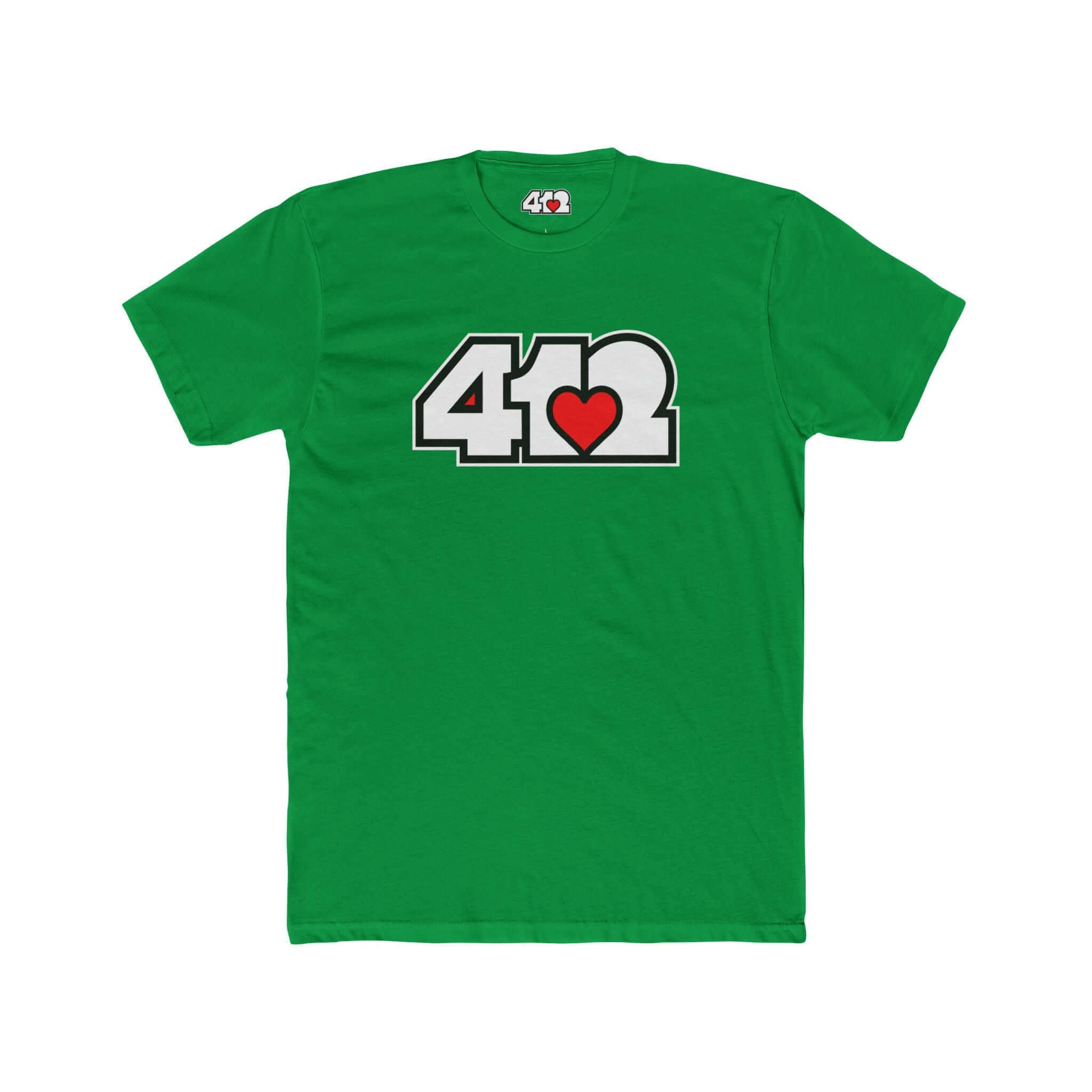 Pittsburgh T-Shirt | White & Red 412 Logo. Apparel Color: Solid Kelly Green. Tailored fit T-Shirt with breathable cotton fabric, and classic neckline.