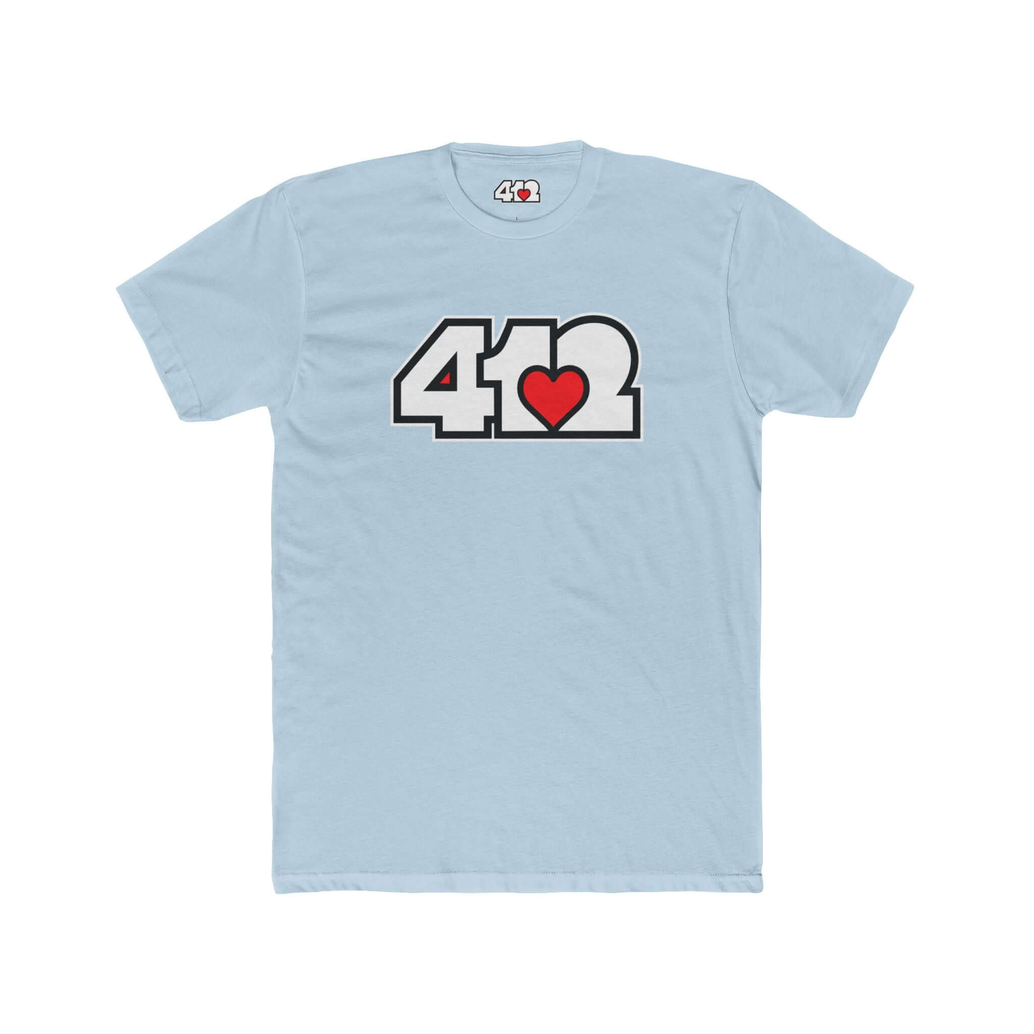Pittsburgh T-Shirt | White & Red 412 Logo. Apparel Color: Solid Light Blue. Tailored fit T-Shirt with breathable cotton fabric, and classic neckline.