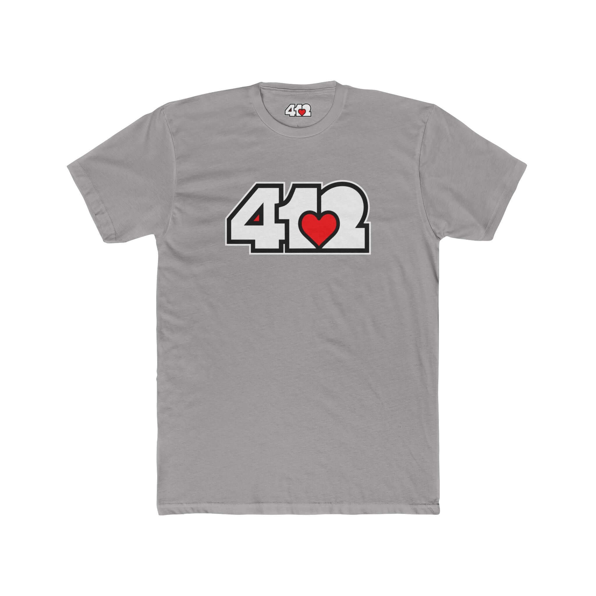 Pittsburgh T-Shirt | White & Red 412 Logo. Apparel Color: Solid Light Grey. Tailored fit T-Shirt with breathable cotton fabric, and classic neckline.