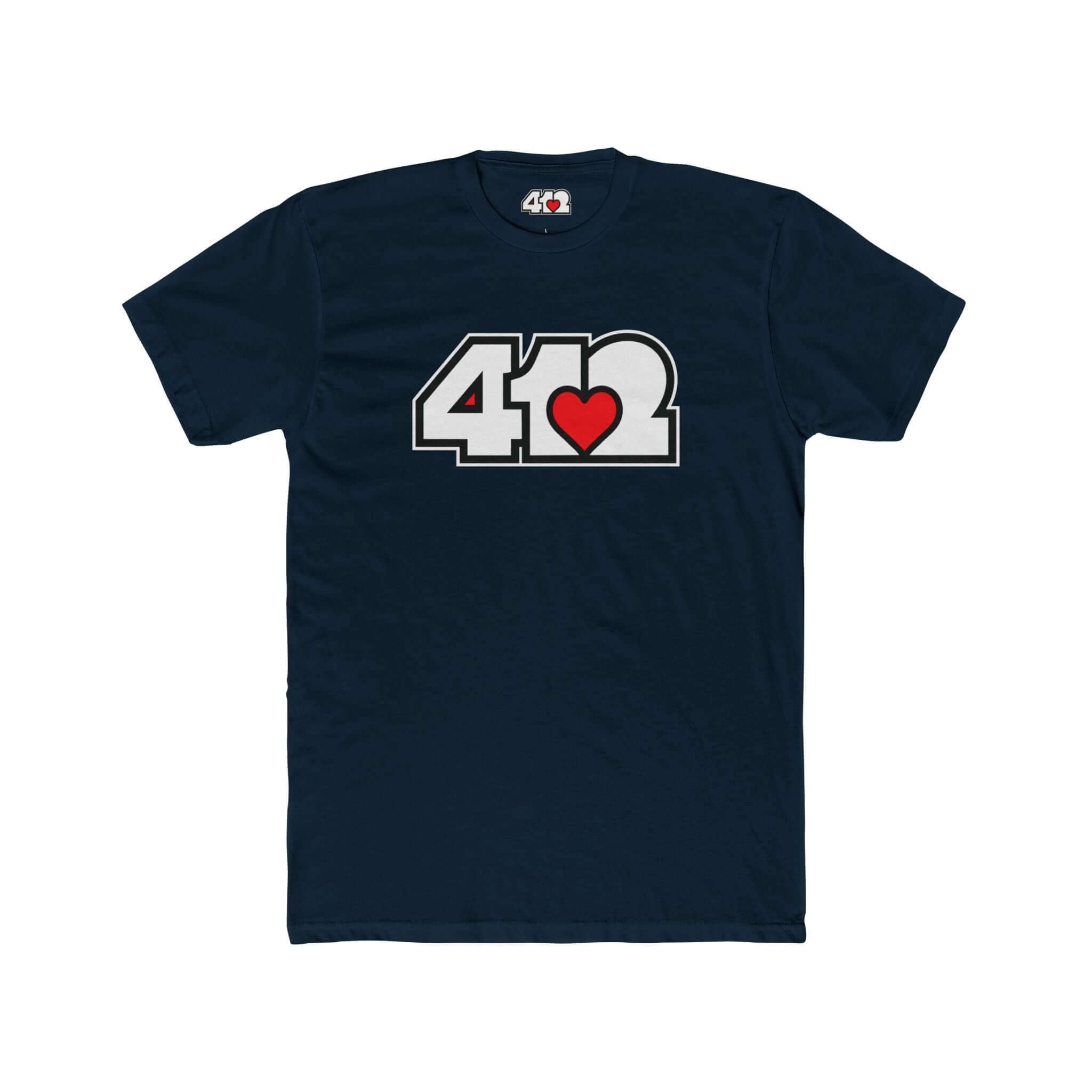 Pittsburgh T-Shirt | White & Red 412 Logo. Apparel Color: Solid Midnight Navy. Tailored fit T-Shirt with breathable cotton fabric, and classic neckline.