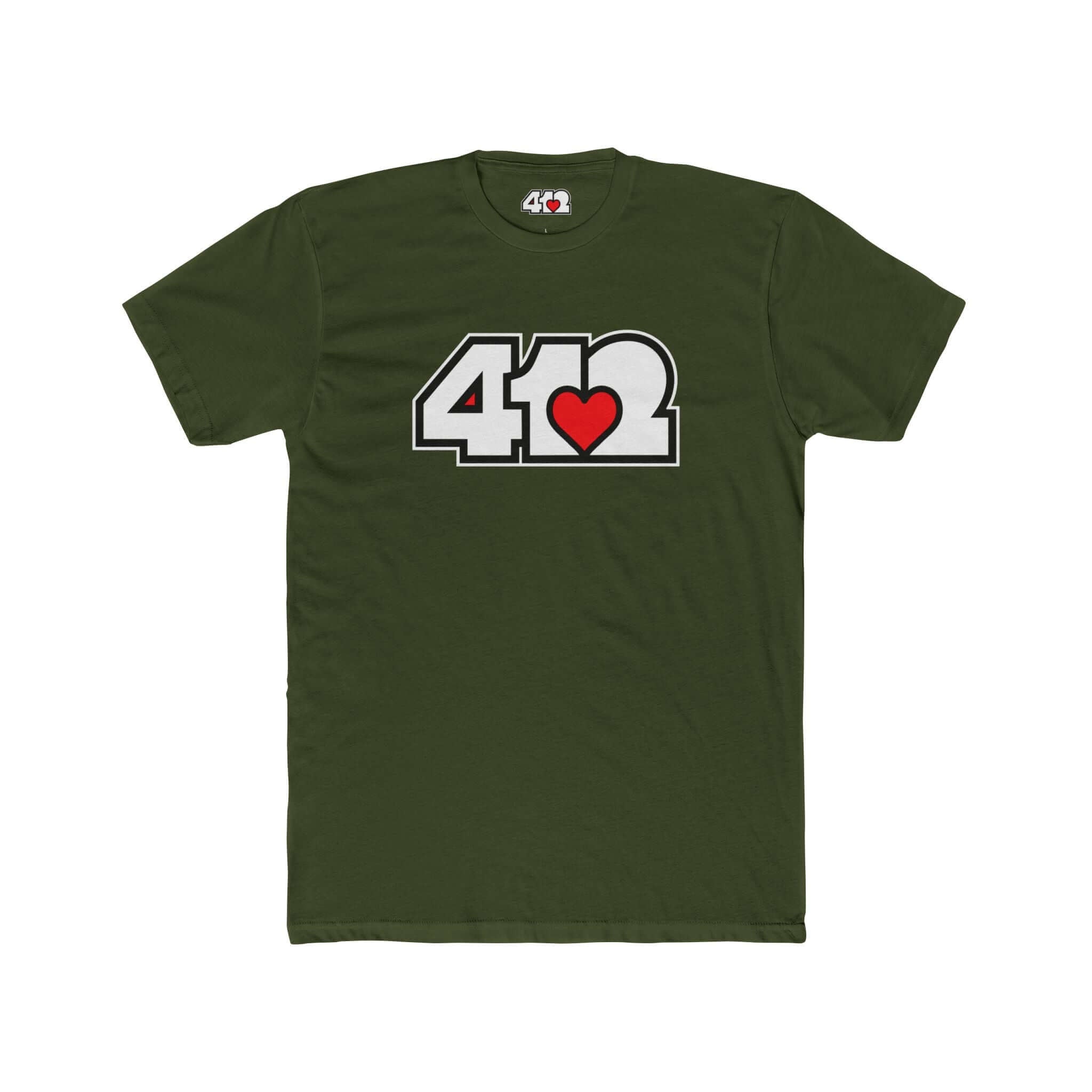 Pittsburgh T-Shirt | White & Red 412 Logo. Apparel Color: Solid Military Green. Tailored fit T-Shirt with breathable cotton fabric, and classic neckline.