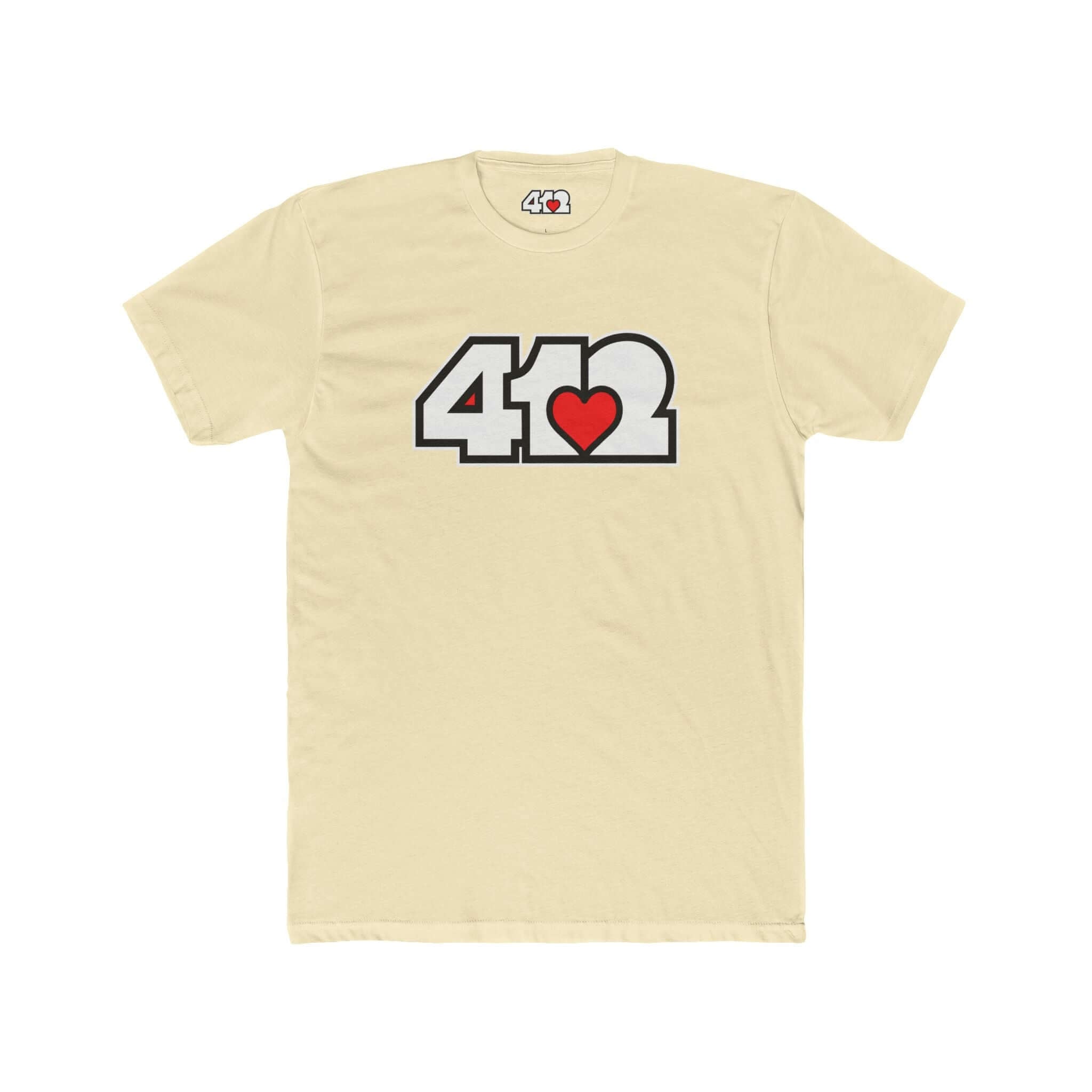 Pittsburgh T-Shirt | White & Red 412 Logo. Apparel Color: Solid Natural. Tailored fit T-Shirt with breathable cotton fabric, and classic neckline.