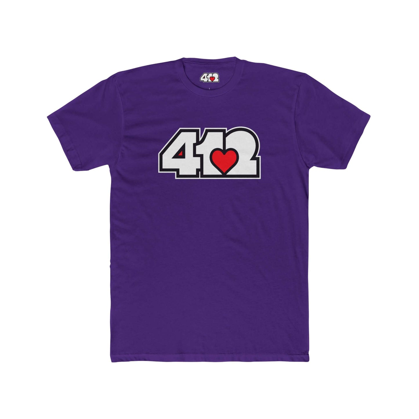 Pittsburgh T-Shirt | White & Red 412 Logo. Apparel Color: Solid Purple Rush. Tailored fit T-Shirt with breathable cotton fabric, and classic neckline.