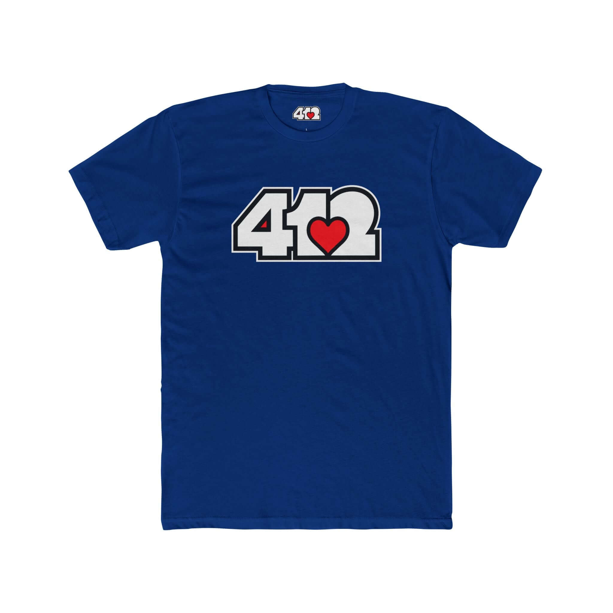 Pittsburgh T-Shirt | White & Red 412 Logo. Apparel Color: Solid Royal. Tailored fit T-Shirt with breathable cotton fabric, and classic neckline.