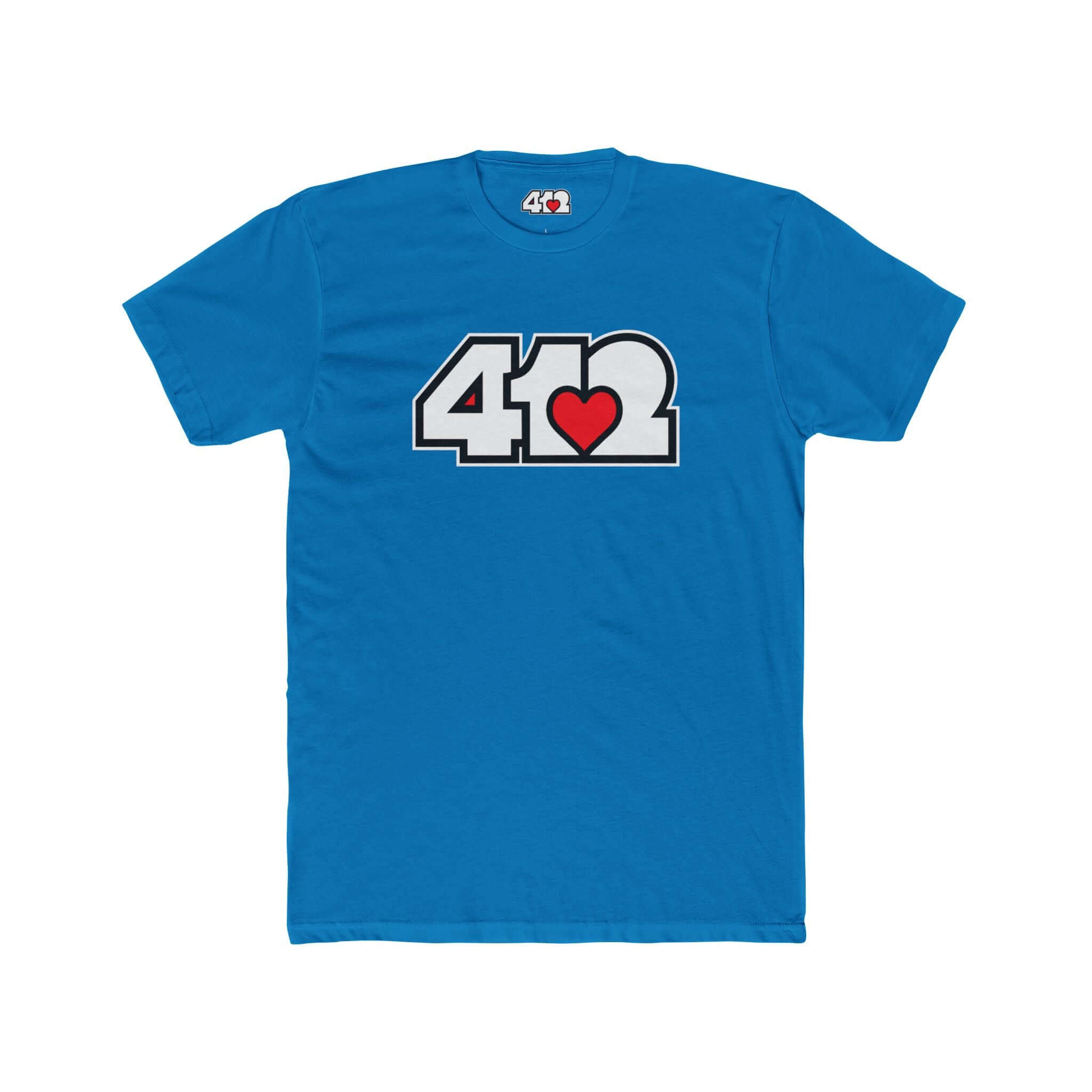 Pittsburgh T-Shirt | White & Red 412 Logo. Apparel Color: Solid Turquoise. Tailored fit T-Shirt with breathable cotton fabric, and classic neckline.