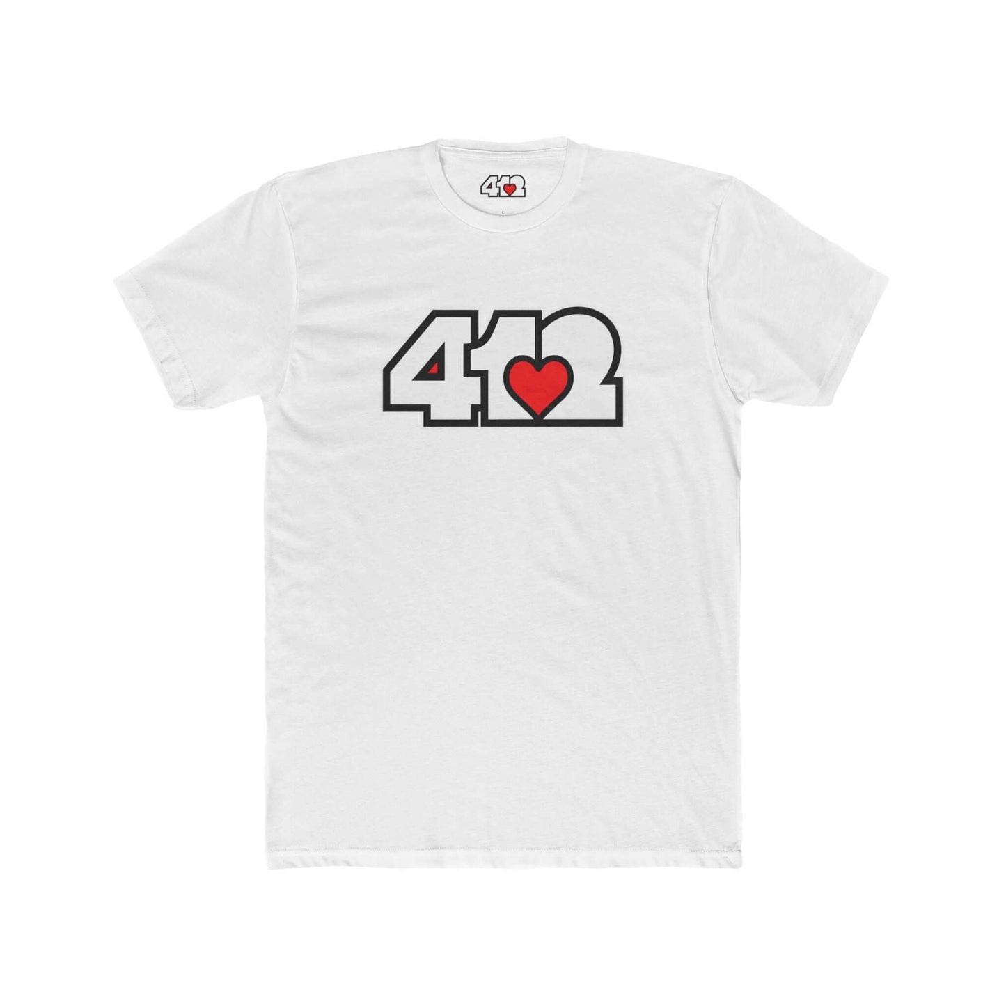 Pittsburgh T-Shirt | White & Red 412 Logo. Apparel Color: Solid White. Tailored fit T-Shirt with breathable cotton fabric, and classic neckline.