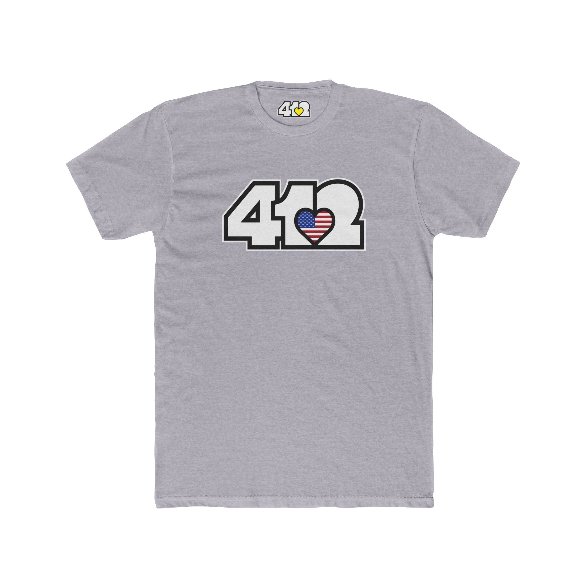 Pittsburgh T-Shirt | White Stars & Stripes 412 Logo. Apparel Color: Heather Grey. Tailored fit T-Shirt with breathable cotton fabric, and classic neckline.