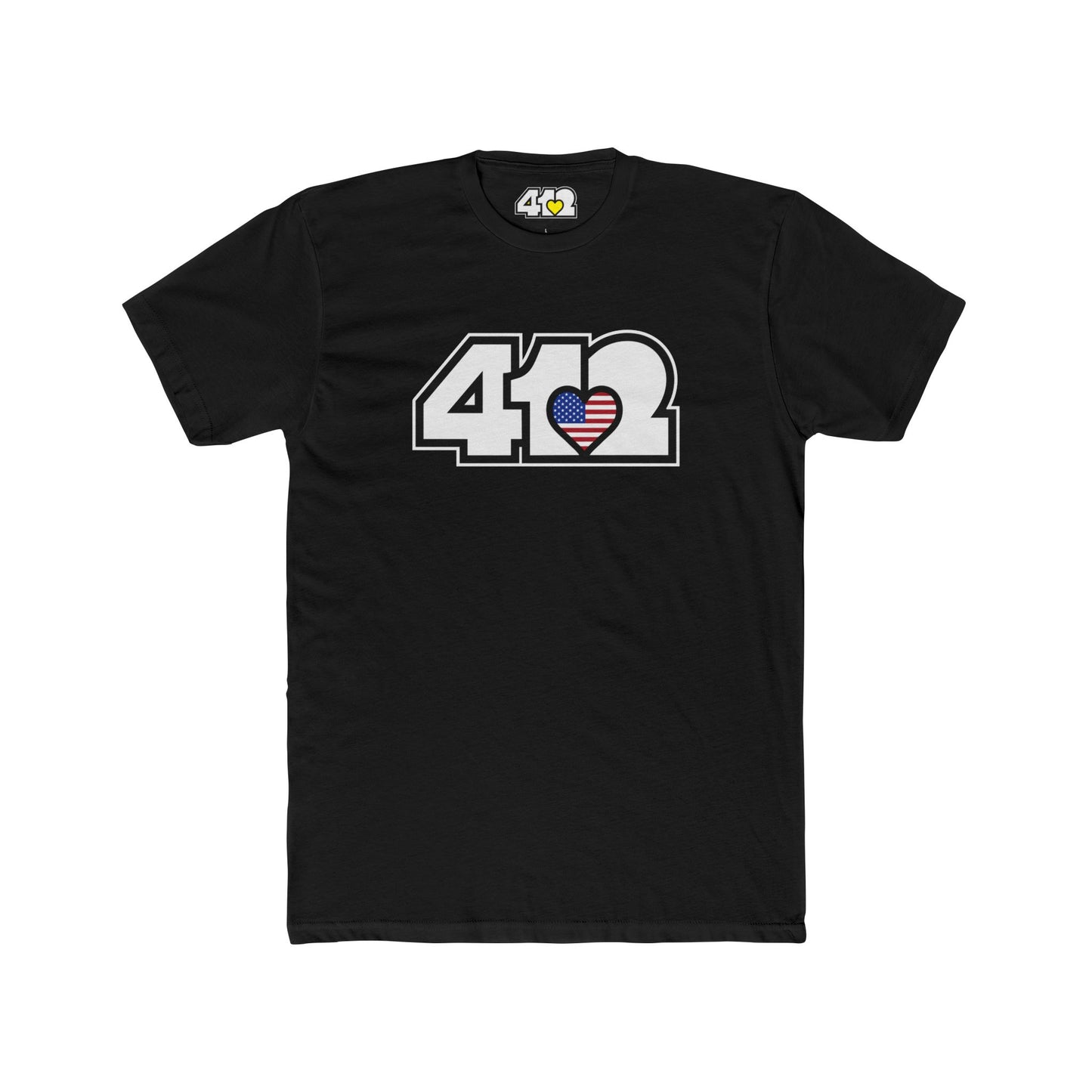 Pittsburgh T-Shirt | White Stars & Stripes 412 Logo. Apparel Color: Solid Black. Tailored fit T-Shirt with breathable cotton fabric, and classic neckline.