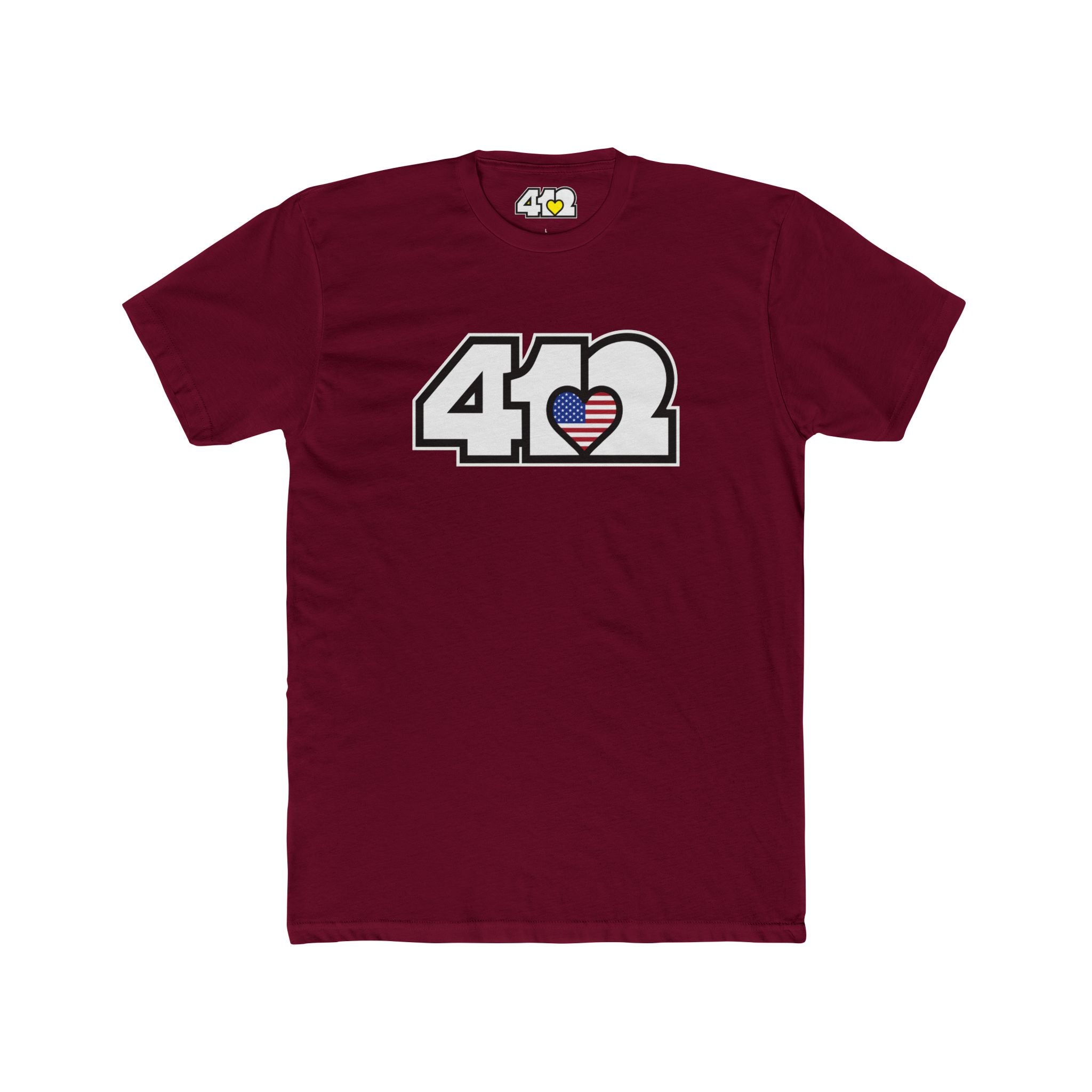 Pittsburgh T-Shirt | White Stars & Stripes 412 Logo. Apparel Color: Solid Cardinal Red. Tailored fit T-Shirt with breathable cotton fabric, and classic neckline.