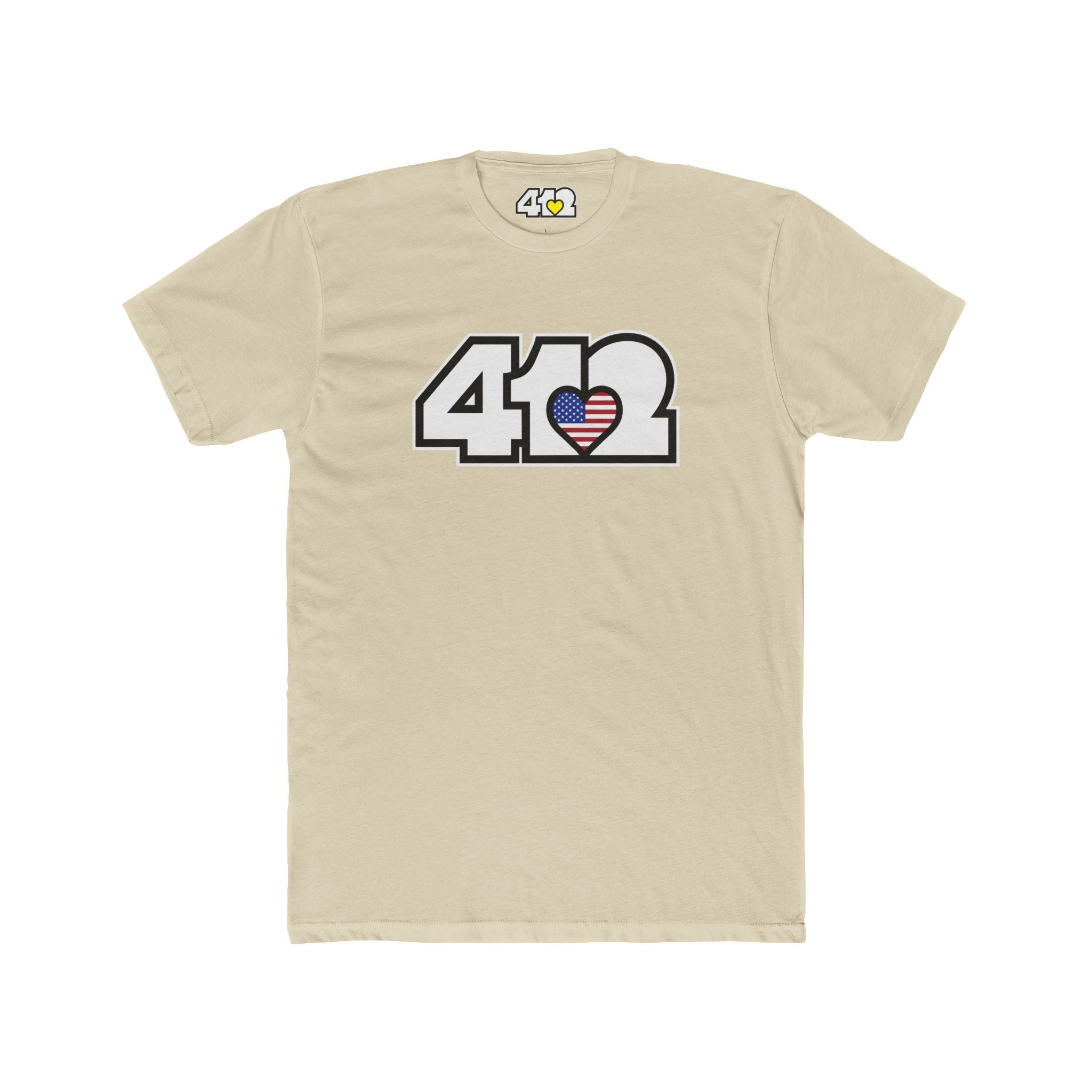Pittsburgh T-Shirt | White Stars & Stripes 412 Logo. Apparel Color: Solid Cream. Tailored fit T-Shirt with breathable cotton fabric, and classic neckline.
